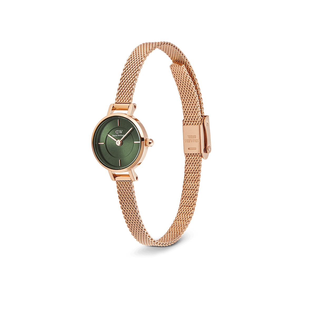 Petite Mini Emerald Melrose watch with an emerald green sunray dial, minimalist round face, and a slim rose gold mesh strap featuring an adjustable clasp, designed for small wrists.