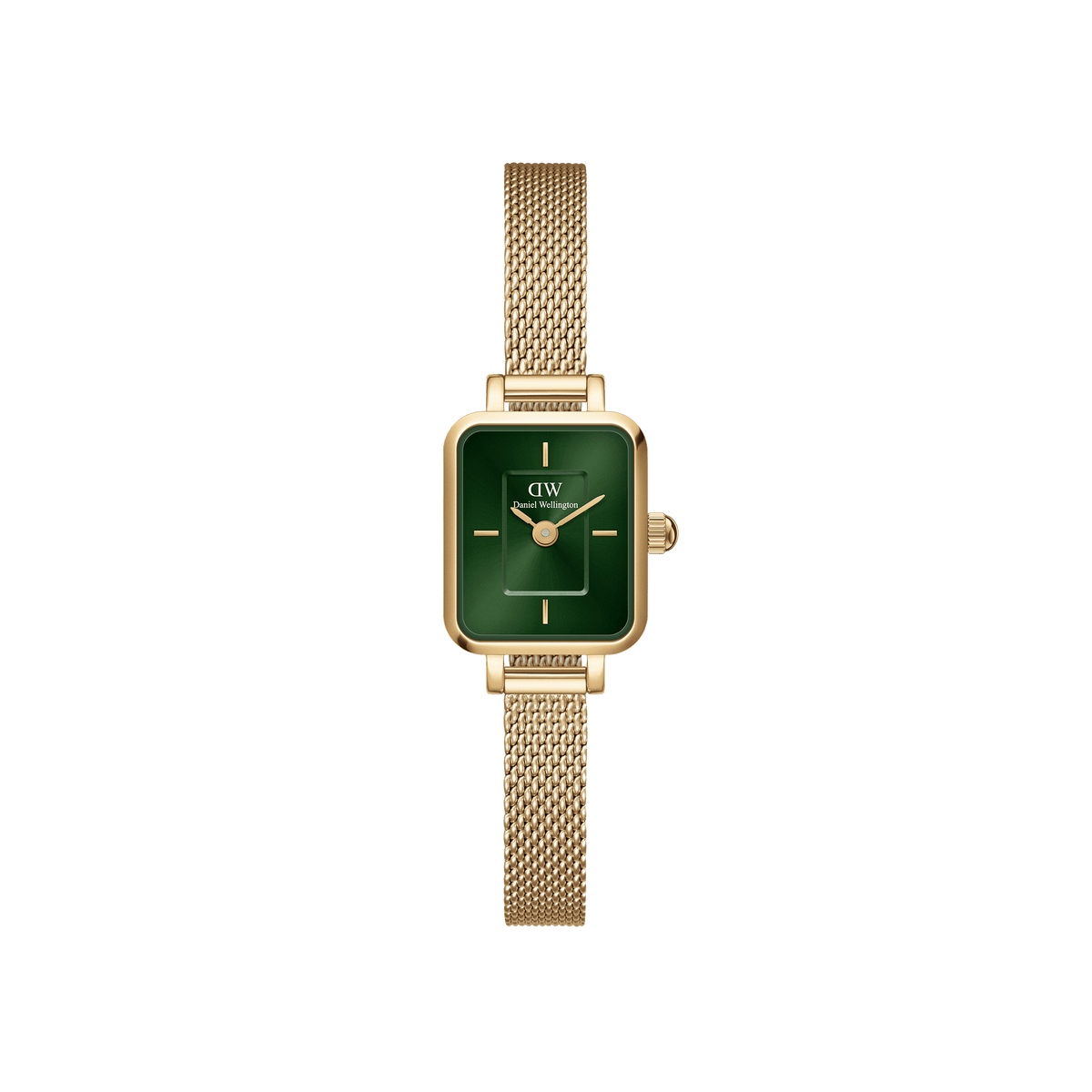 Quadro Mini Evergold Emerald women’s watch with gold mesh strap and rectangular emerald green sunray dial.