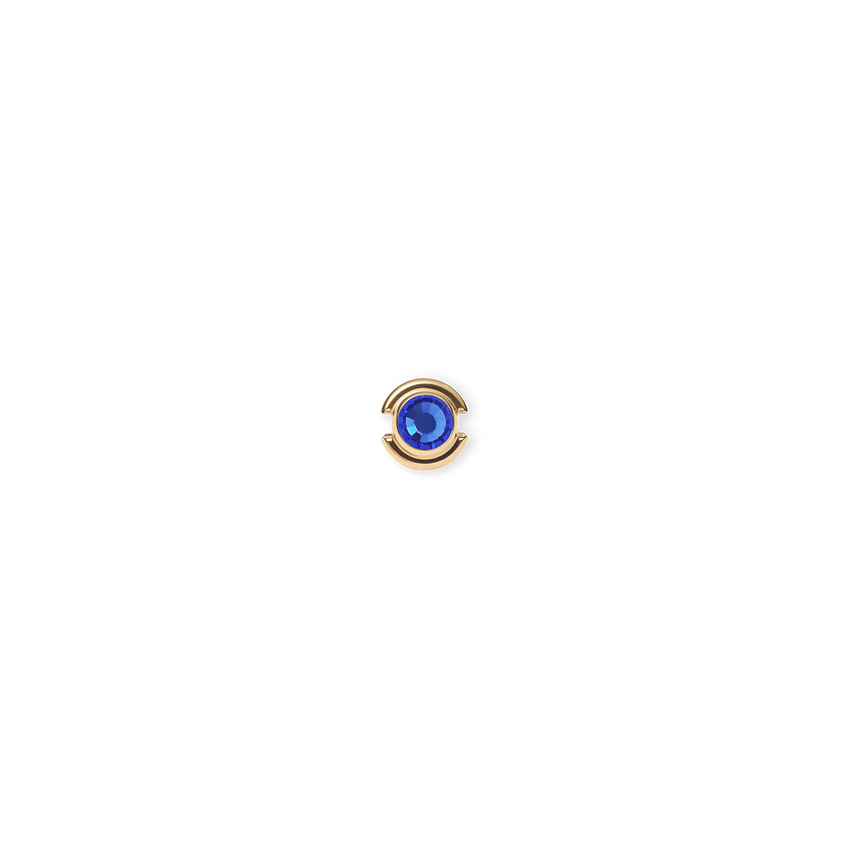 Gold charm with a round blue crystal centre, set in minimalist gold-coloured stainless steel with an open-backed design.