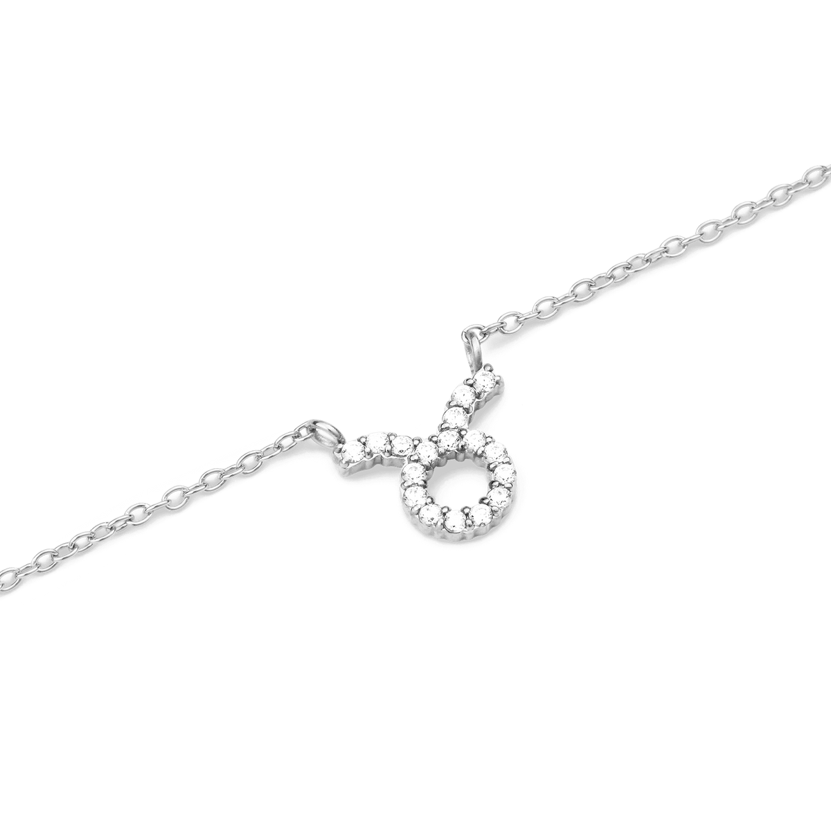 Delicate silver chain necklace featuring a Taurus zodiac pendant adorned with sparkling hand-set crystals.