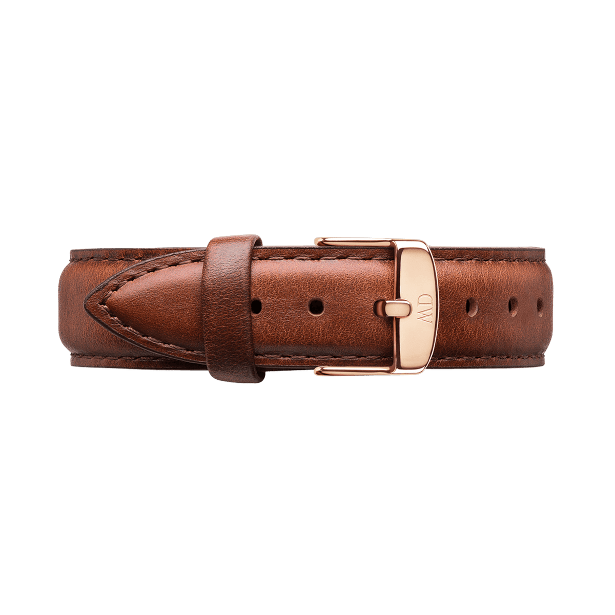 Rich light brown leather watch strap with detailed stitching, featuring a polished rose gold buckle engraved with the Daniel Wellington logo. The supple leather and refined finish offer a classic yet contemporary look, ideal for upgrading your timepiece.