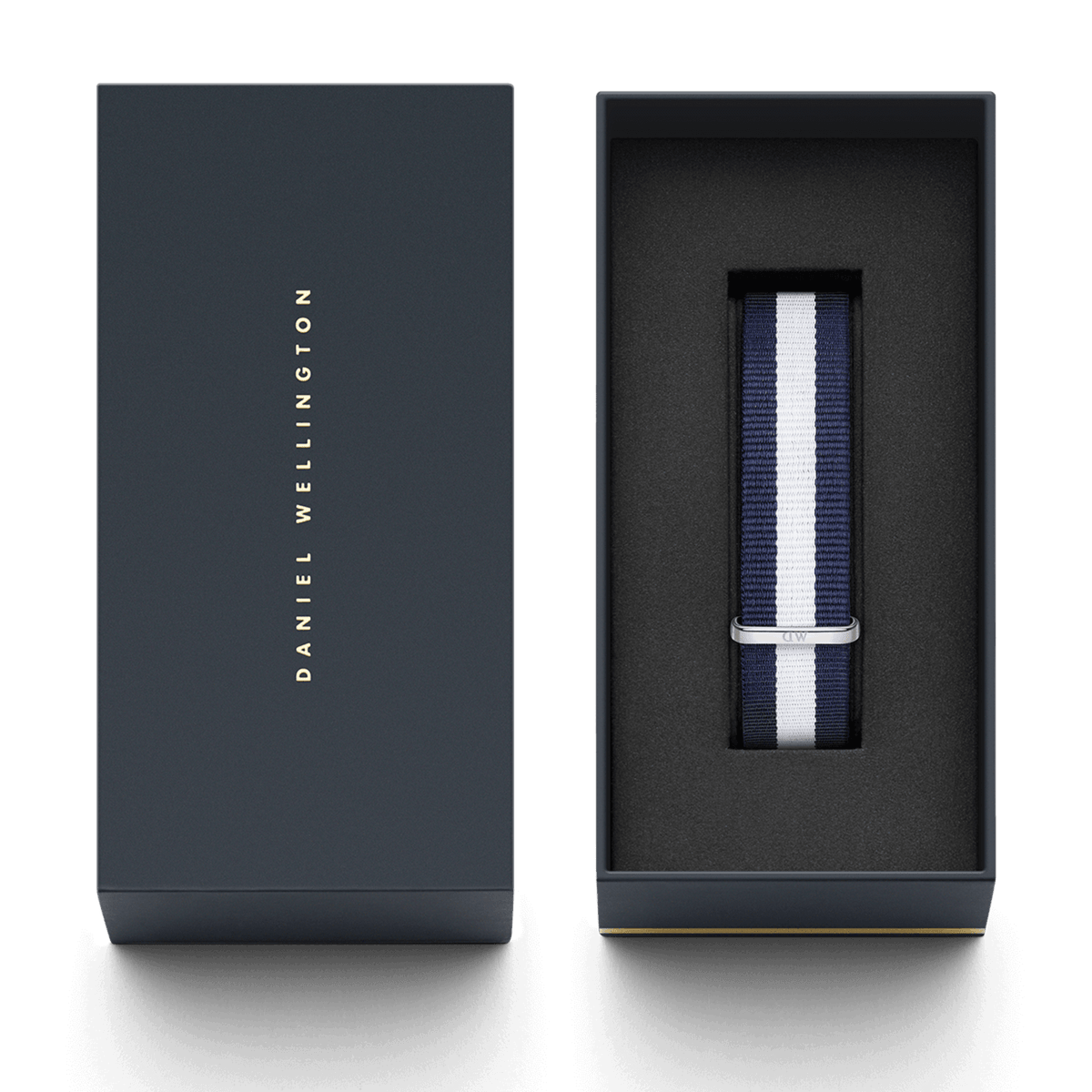 Daniel Wellington Glasgow Strap Silver with navy and white stripes, presented in an elegant branded gift box with a silver buckle detail.