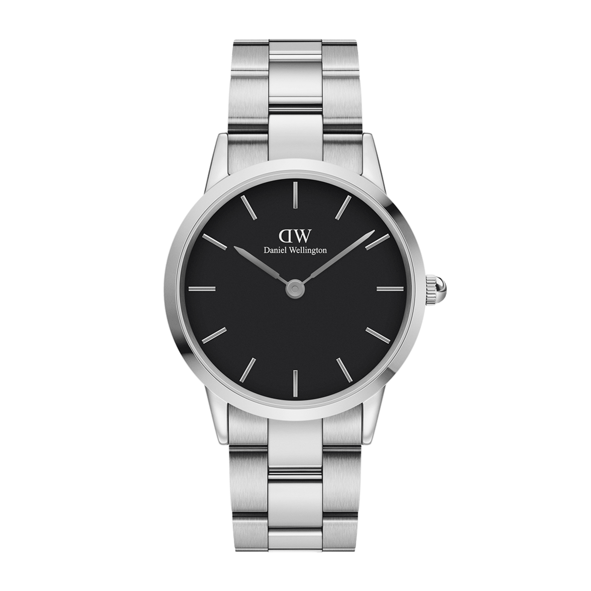 Daniel Wellington Iconic Link Silver watch with black minimalist dial and polished stainless steel three-piece link bracelet.