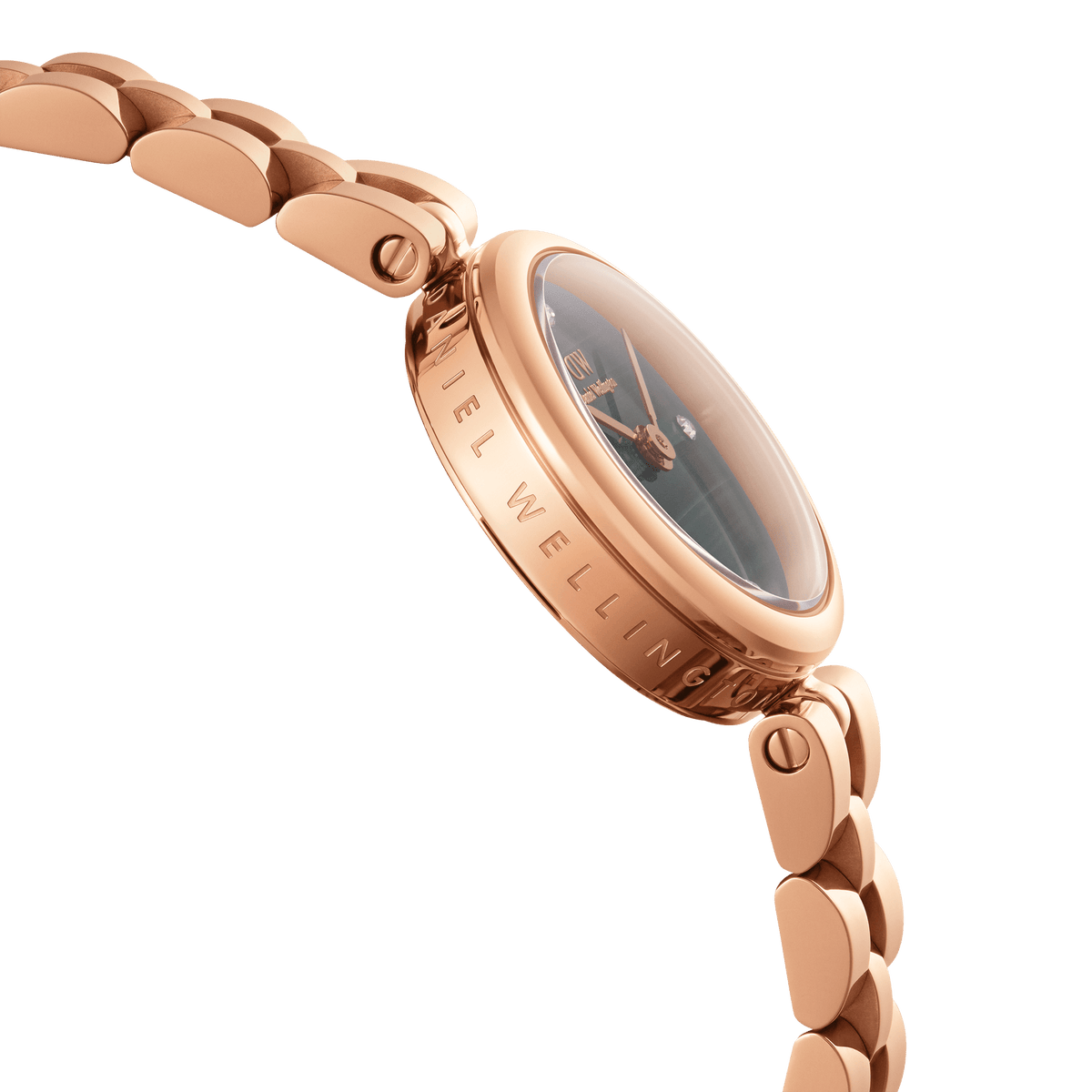 Side view of the Elan Lumine Malachite Rose Gold watch showcasing its engraved rose gold case, green malachite dial, and polished three-link bracelet.