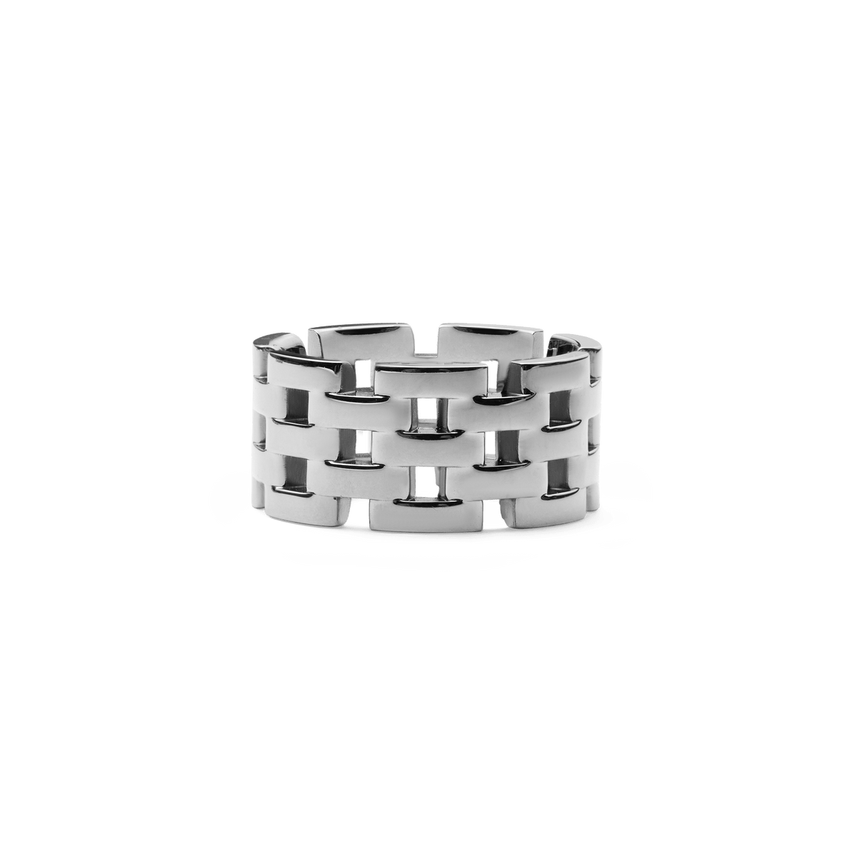5-Link Ring Silver featuring a bold, polished stainless steel construction with a distinctive interlocking link pattern and subtle openwork detailing.