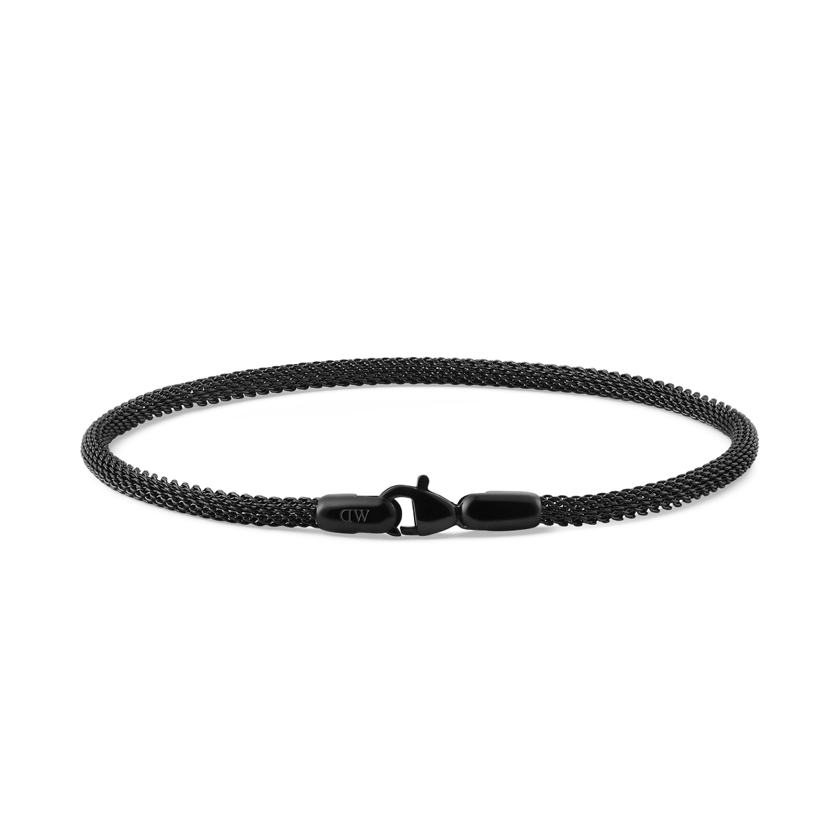 Slim black stainless steel mesh bracelet with a matte finish and secure lobster clasp, featuring a subtle Daniel Wellington logo on the fastening.