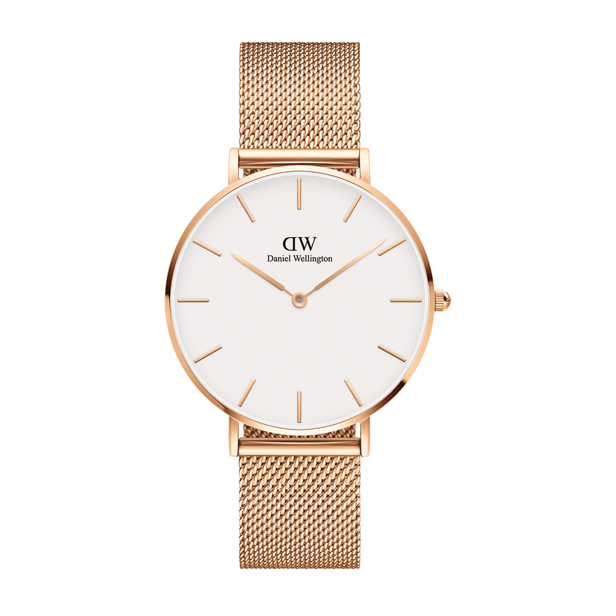 Daniel Wellington Petite Melrose women’s watch with rose gold mesh bracelet and minimalist eggshell white dial.
