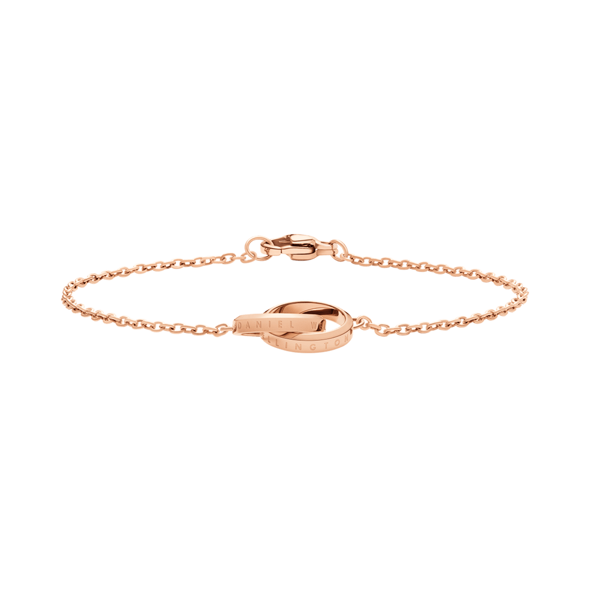 Minimalist rose gold Elan Unity Bracelet featuring two engraved interlocking rings on a slim chain with a lobster clasp.