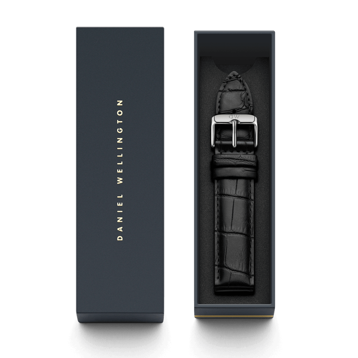 Black croc embossed leather watch strap with a polished silver buckle, elegantly presented in a sleek Daniel Wellington gift box.