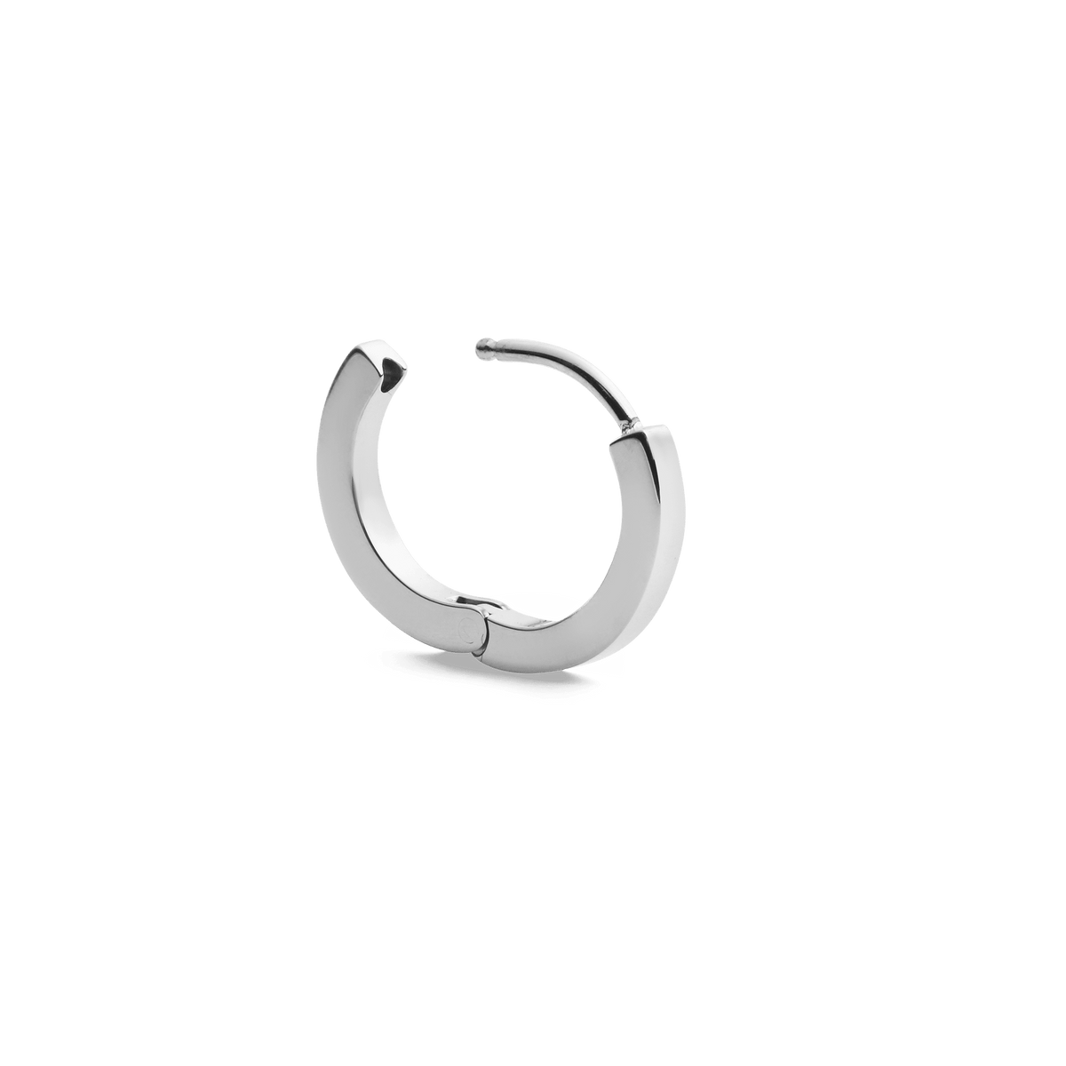 Polished silver hoop earring with a petite 13 mm diameter and a secure hinged clasp, crafted from stainless steel.