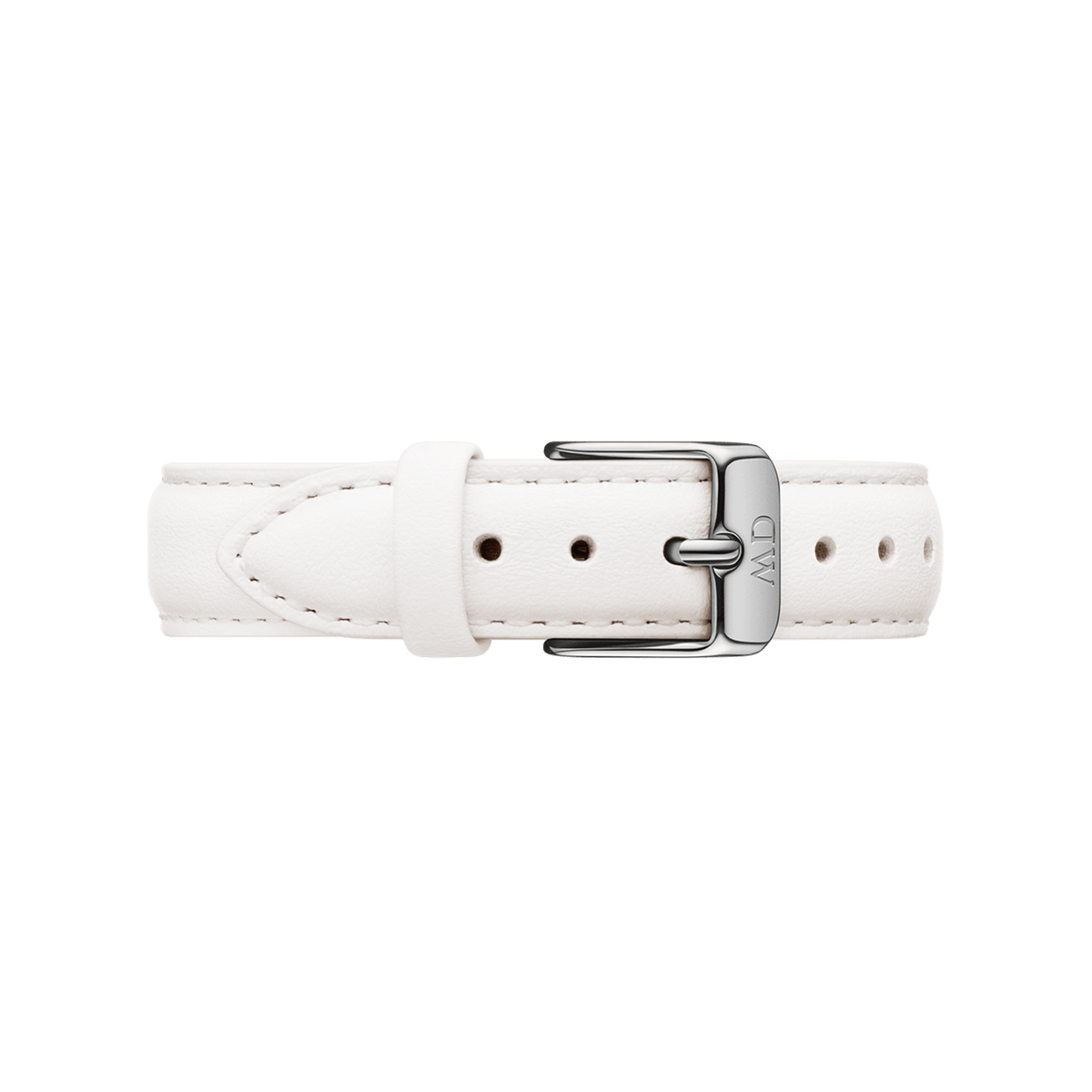 White leather watch strap with fine stitching, featuring a polished silver buckle engraved with initials, designed for a refined and elegant look.
