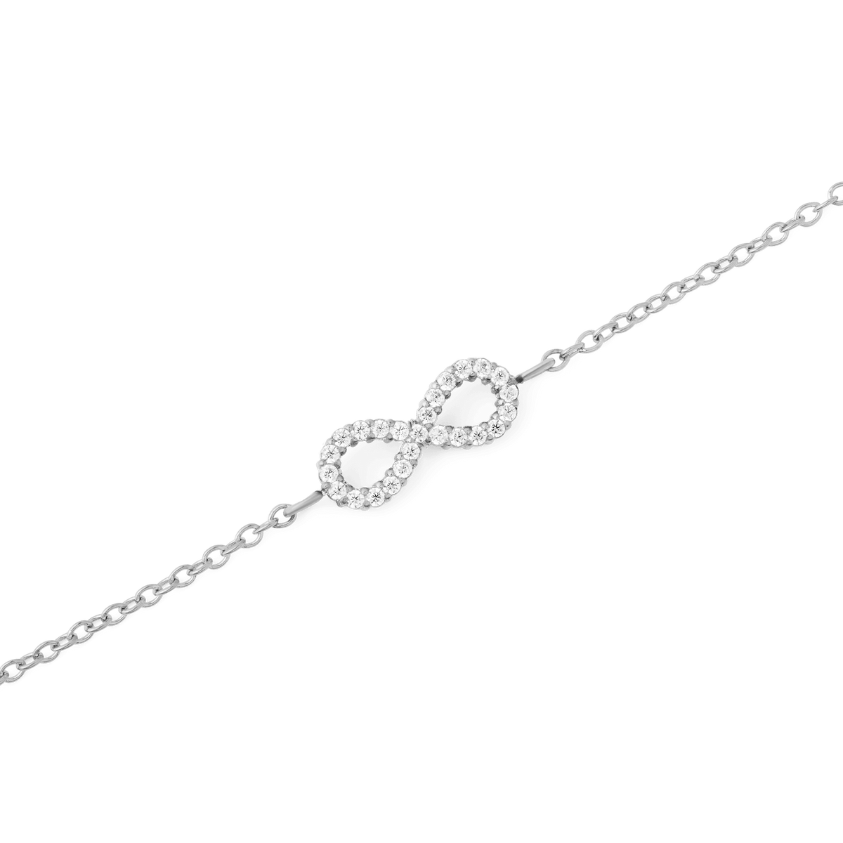 Close-up of the Mirelle Infinity Bracelet Silver, featuring a polished silver chain and a central infinity symbol encrusted with sparkling white cubic zirconia crystals.