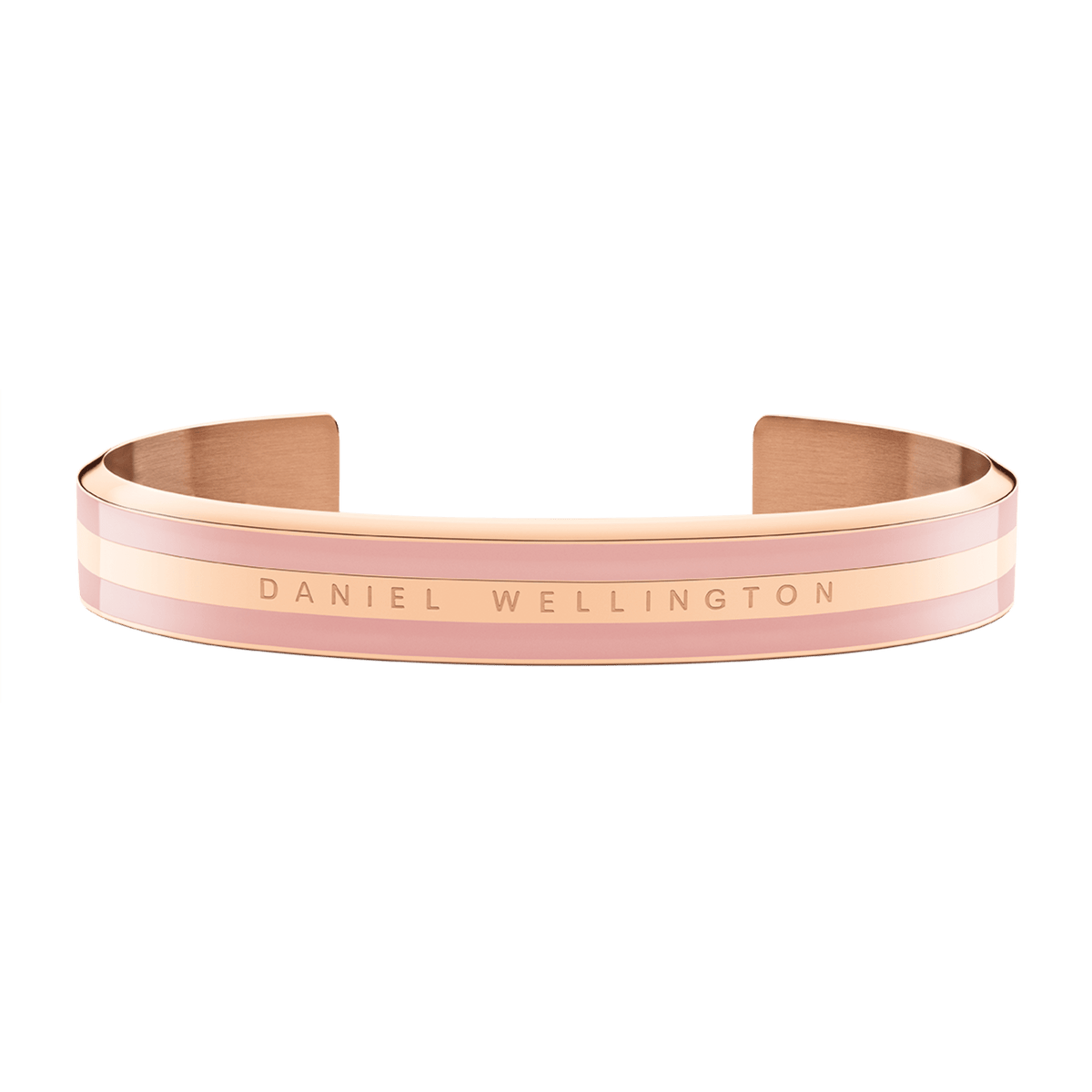Wide rose gold cuff bracelet with a dusty rose enamel inlay and Daniel Wellington logo engraved at the centre.