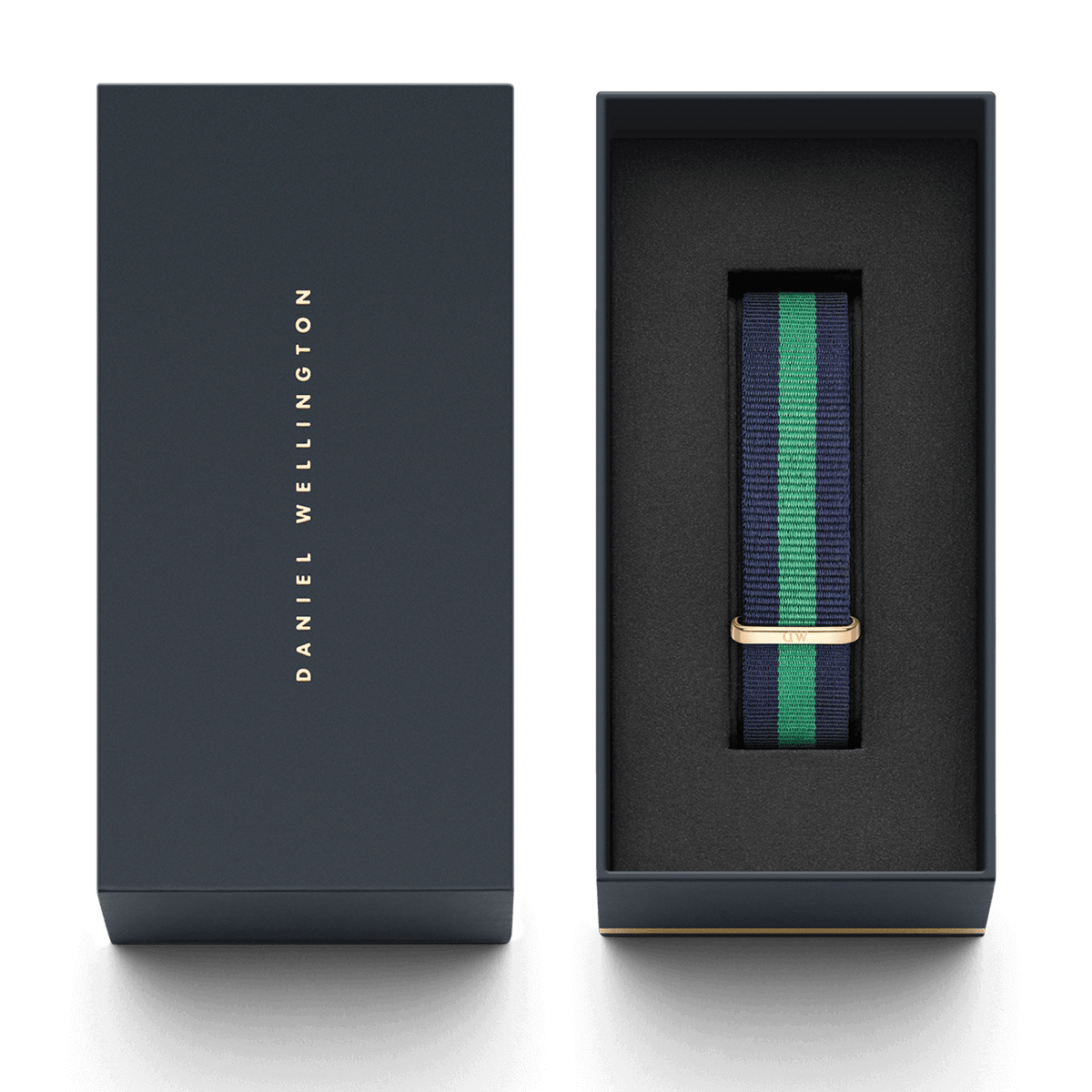 Warwick Strap Rose Gold presented in a sleek Daniel Wellington gift box, featuring a navy blue and green striped NATO strap with a rose gold buckle.