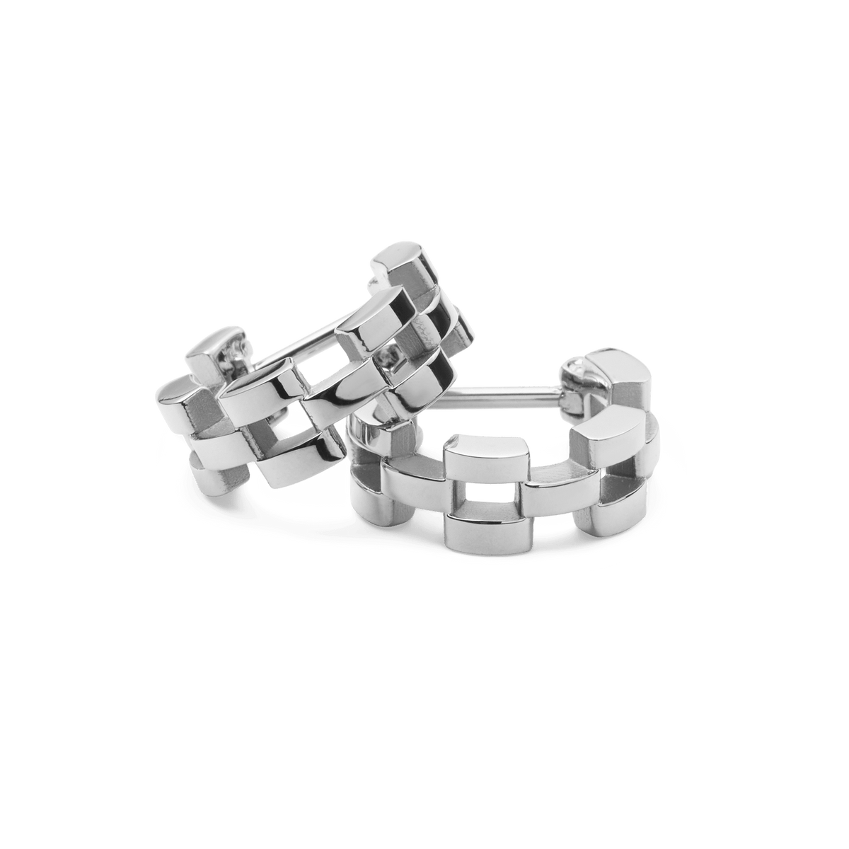 Polished silver 3-link geometric hoop earrings crafted from stainless steel, featuring a contemporary design with subtle gaps between each link.
