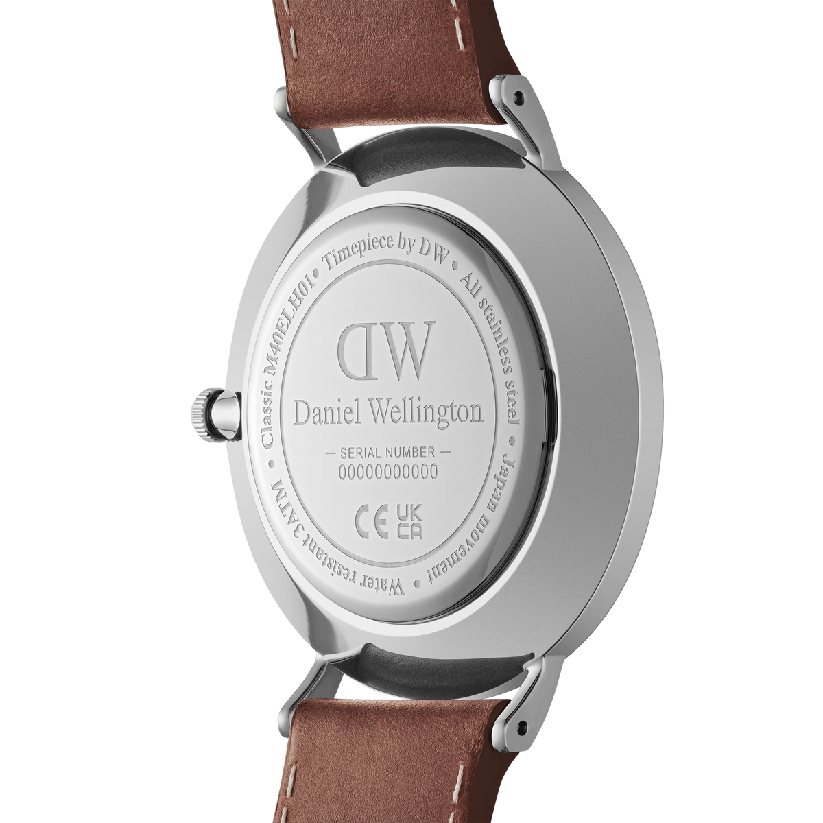 Caseback of the Classic Multi-Eye St Mawes Arctic Silver watch showing Daniel Wellington branding, stainless steel construction, and brown leather strap.