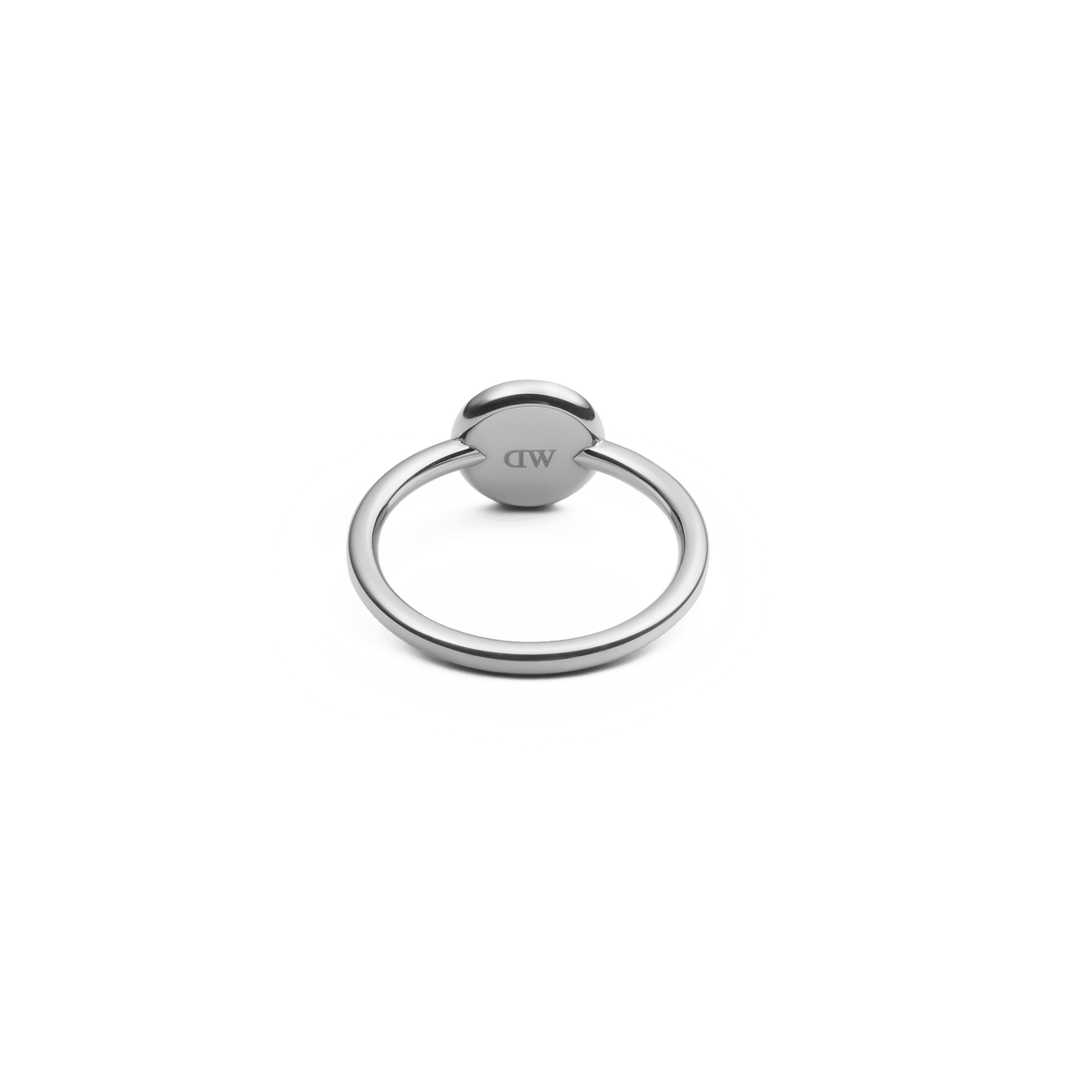 Back view of Audrey Ring in silver, featuring engraved DW logo on the underside of the domed setting and slim band.