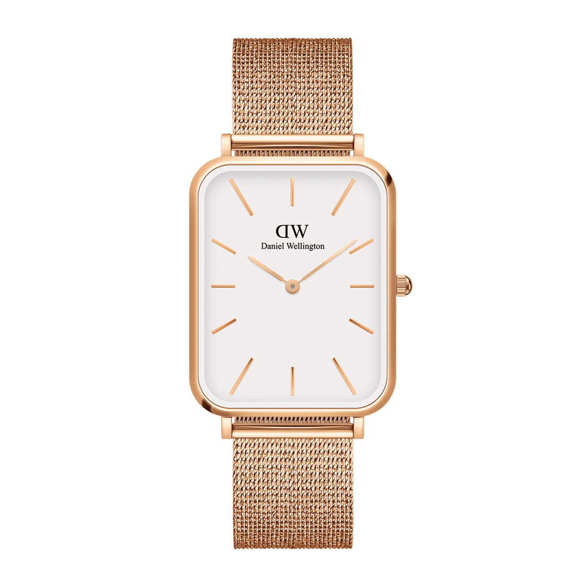 Rectangular women’s watch with an eggshell white dial, minimalist rose gold markers, and a pressed rose gold mesh strap, showcasing a refined and elegant design.