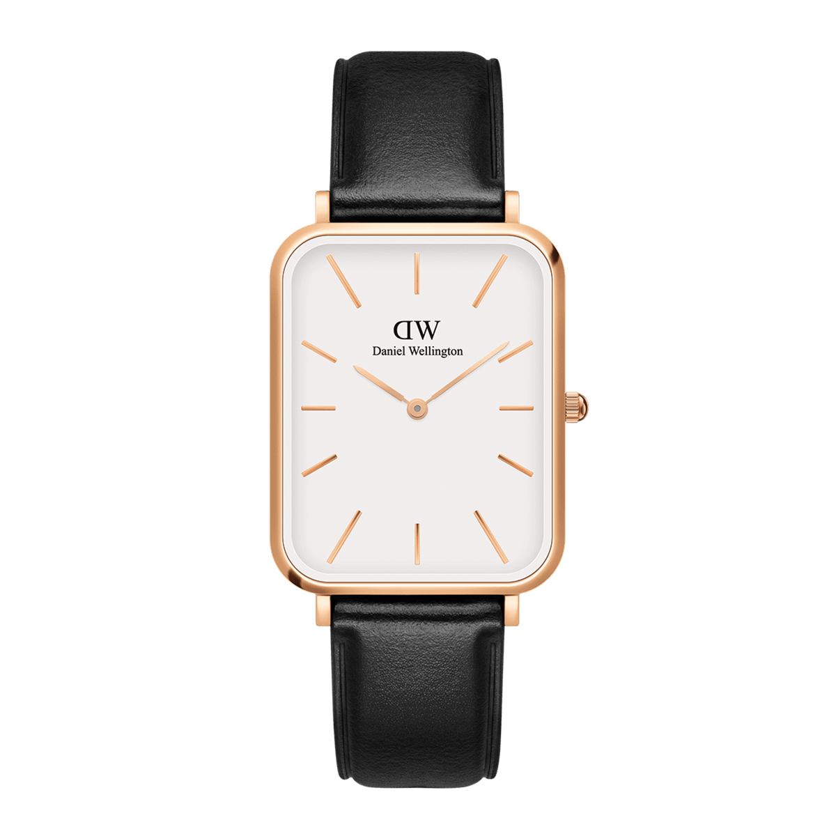 Rectangular Daniel Wellington Quadro Pressed Sheffield watch with an eggshell white dial, rose gold case, minimalist hour markers, and a classic black leather strap.