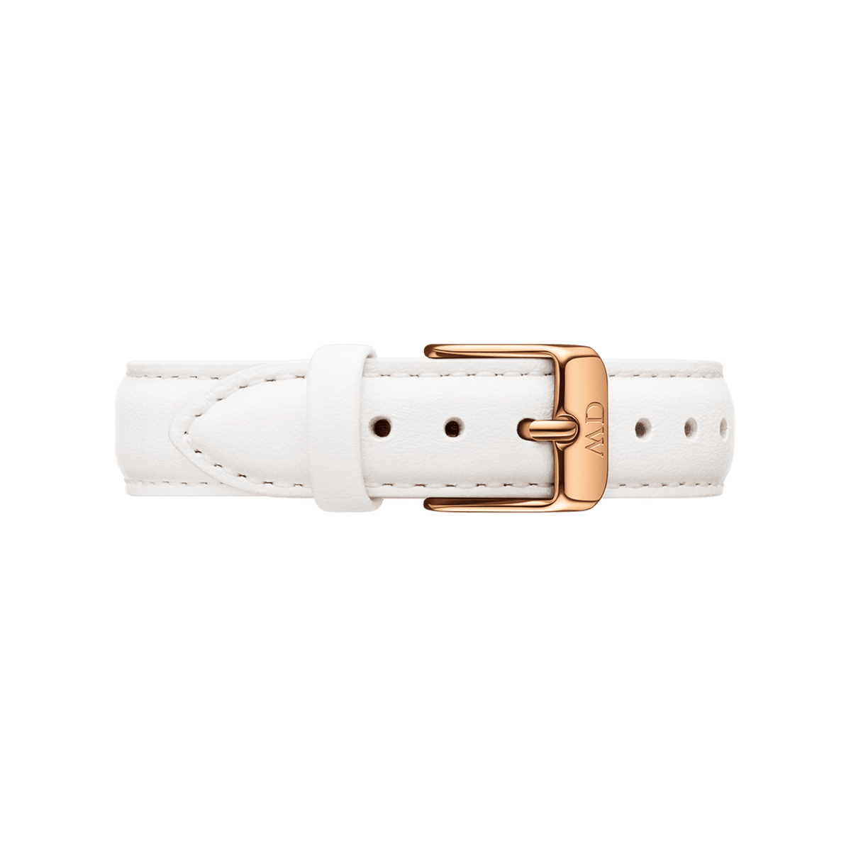 White leather watch strap with subtle stitching and a polished rose gold buckle, designed for a refined and elegant look. The strap features multiple adjustment holes and a smooth finish, suitable for both men’s and women’s watches.