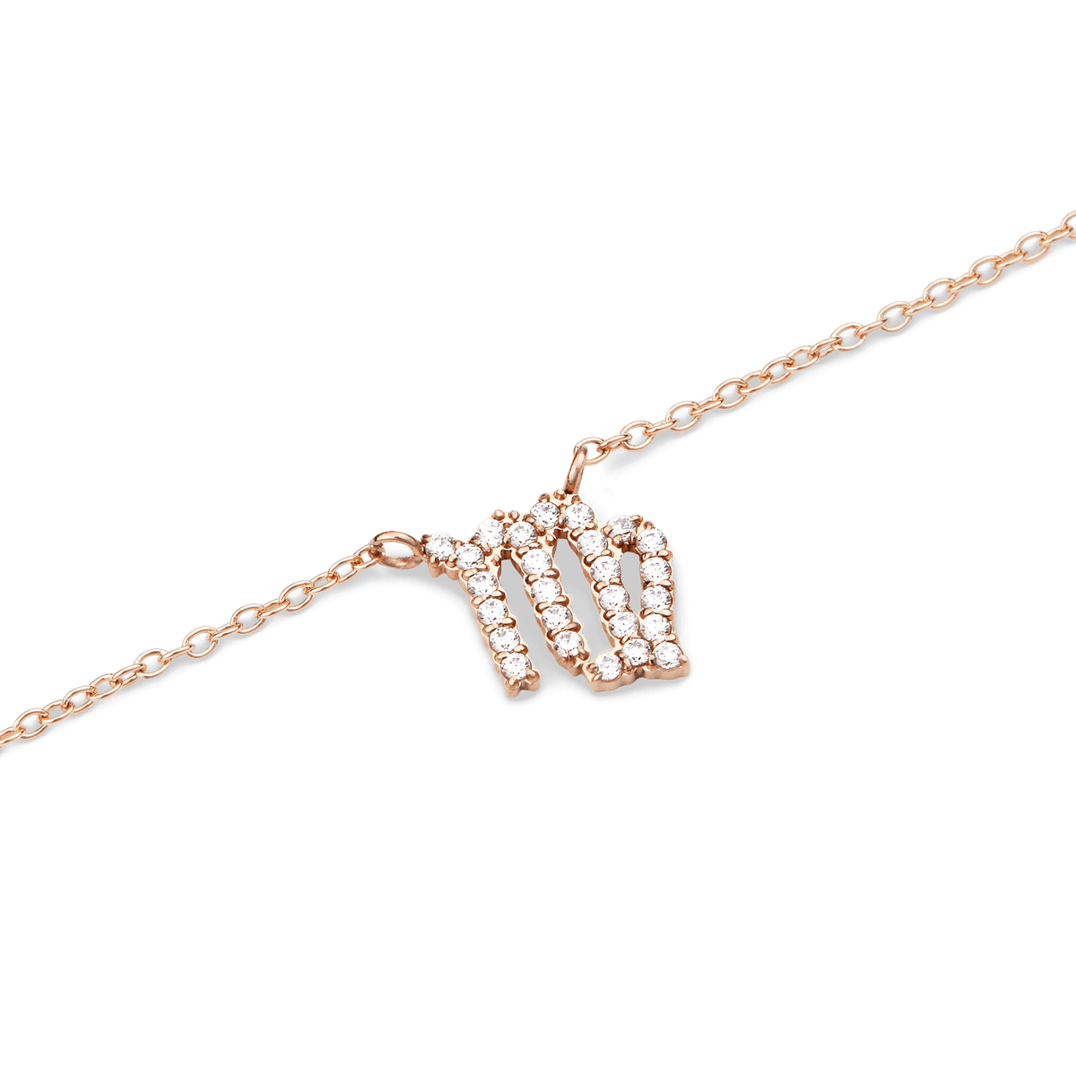 Rose gold chain necklace with a Virgo zodiac pendant, detailed with sparkling hand-set crystals.