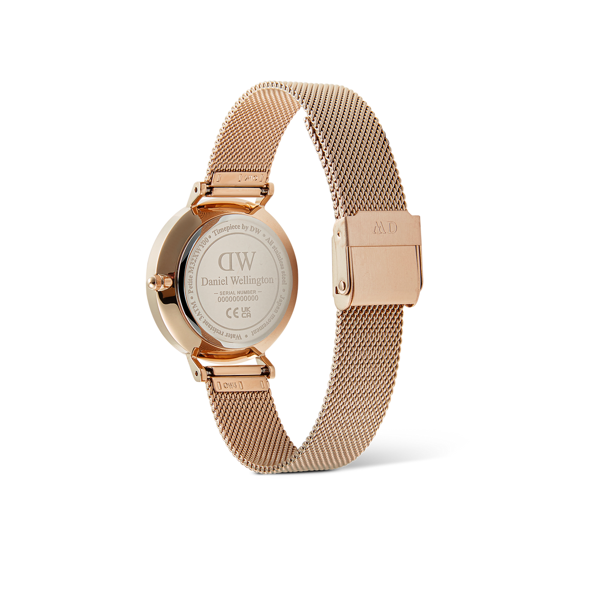 Back view of the Petite Lune Melrose watch showing the engraved caseback, rose gold mesh strap, and secure clasp.