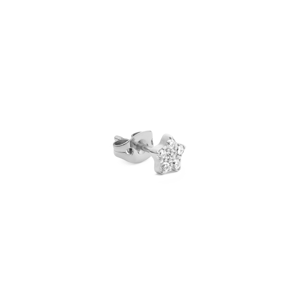 Crystal Star Stud Silver earring featuring a polished stainless steel star shape set with six sparkling cubic zirconia and a secure butterfly back.