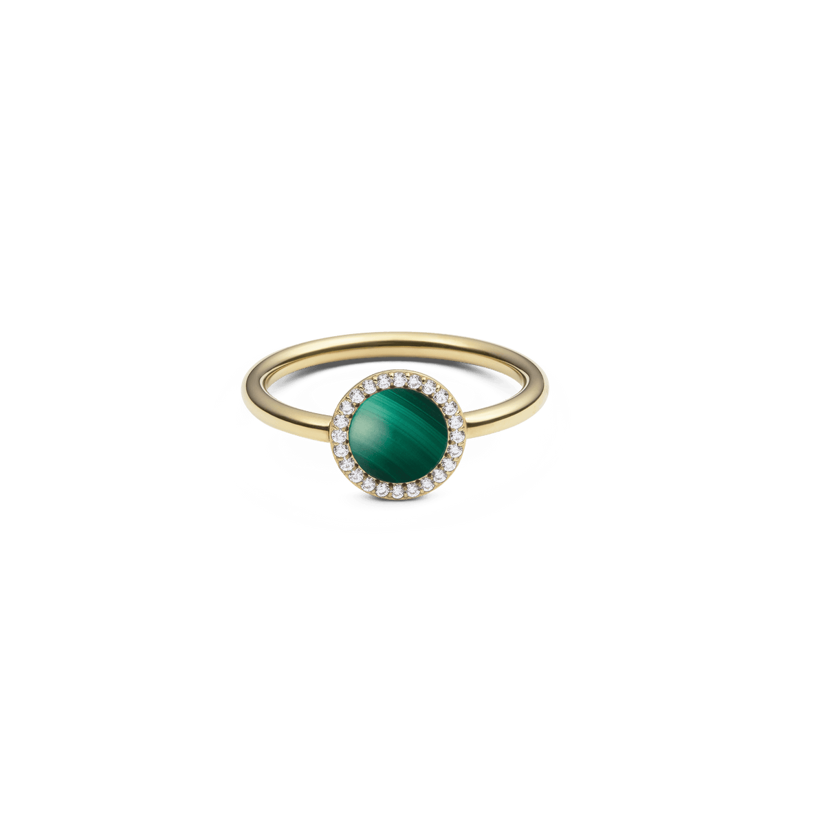 Gold ring with round green malachite centre, haloed by white cubic zirconia crystals on a slim band.
