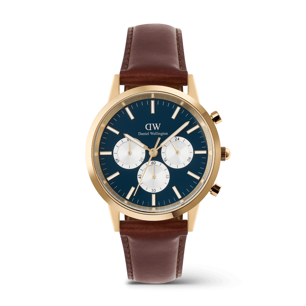 Men’s chronograph watch featuring a blue enamel-finished dial with white sub-dials, gold PVD-plated stainless steel case, and a brown genuine leather strap with pin buckle.