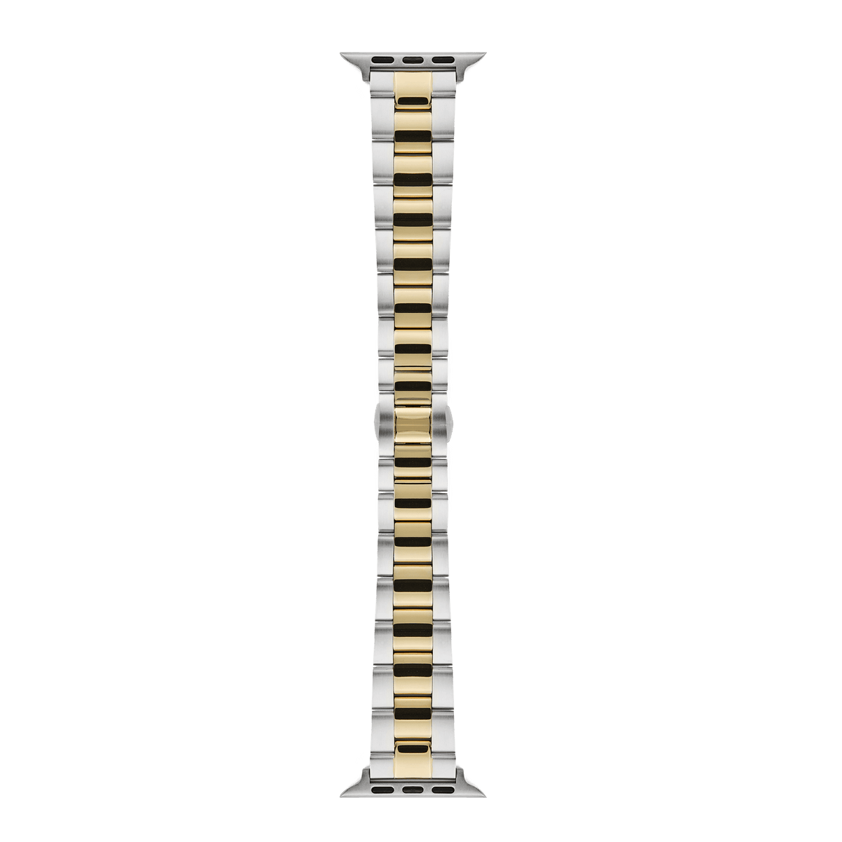 Daniel Wellington Smartwatch Iconic Link two-tone strap for Apple Watch, featuring brushed silver stainless steel outer links and a polished gold centre link, shown with a butterfly clasp and tapered design.