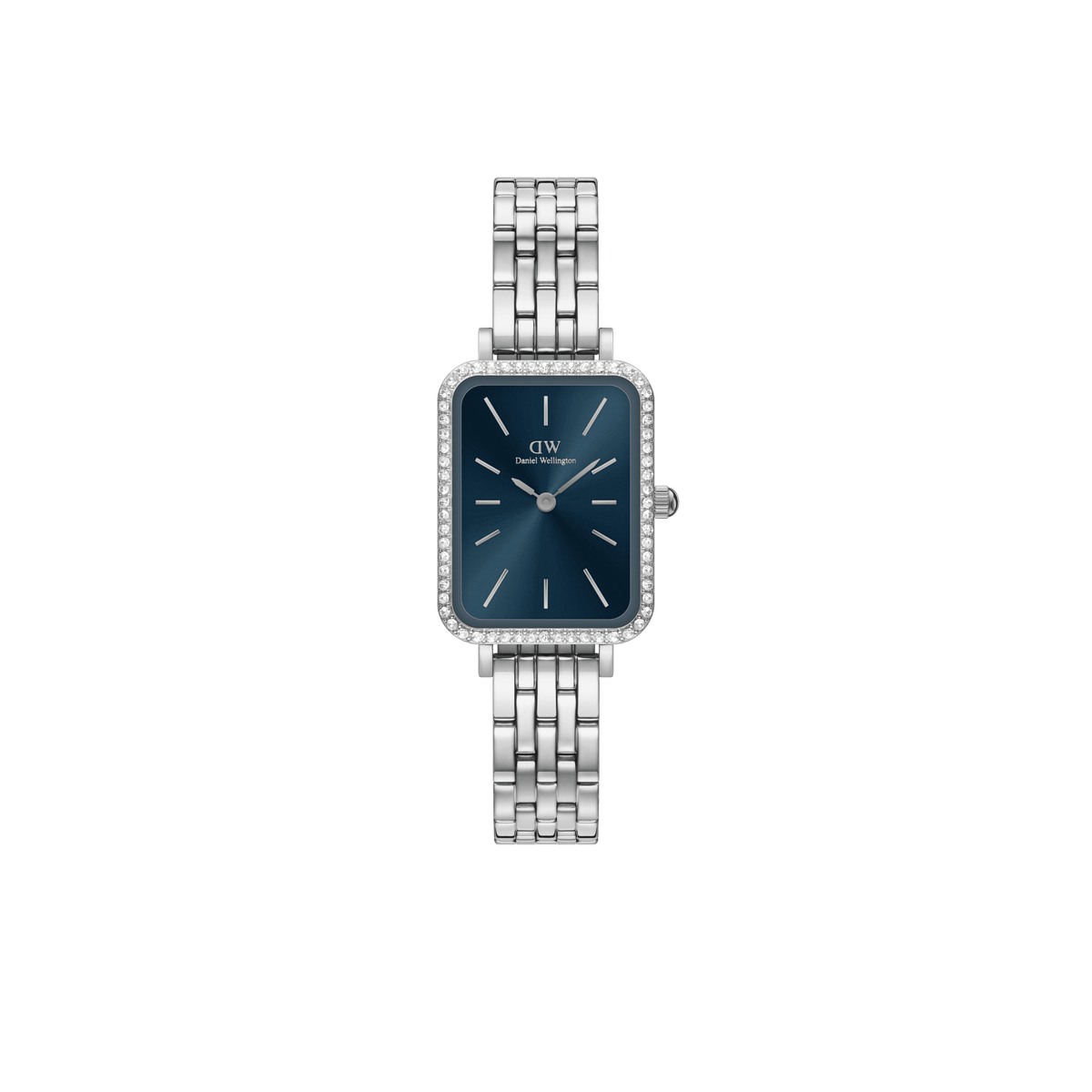 Silver rectangular women’s watch with arctic blue sunray dial, crystal-set bezel, and 5-link stainless steel bracelet.