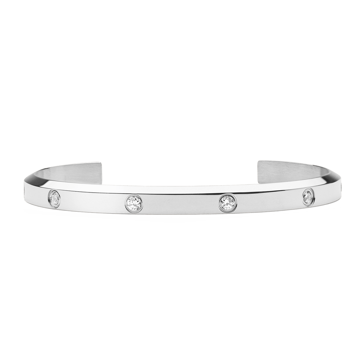 Polished silver cuff bracelet featuring a minimalist open design, set with eight sparkling cubic zirconia crystals along the 5.5mm wide band.