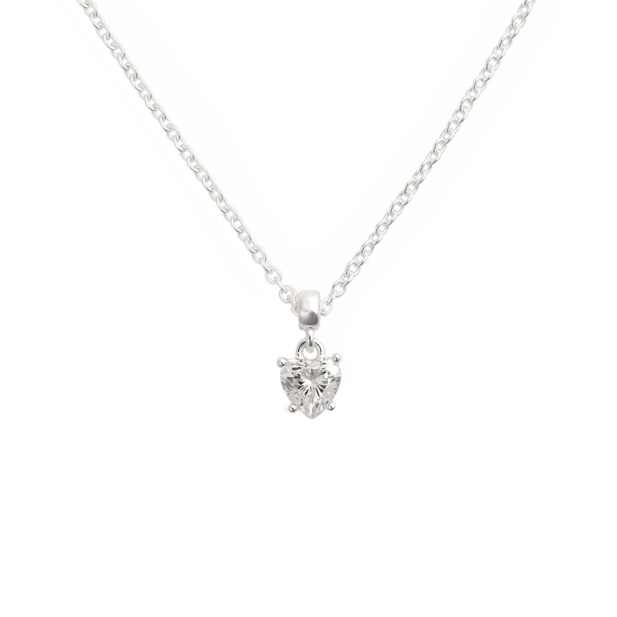 Sterling silver necklace featuring a heart-shaped white crystal charm in a claw setting, offering a refined and elegant look ideal for everyday wear or special occasions.
