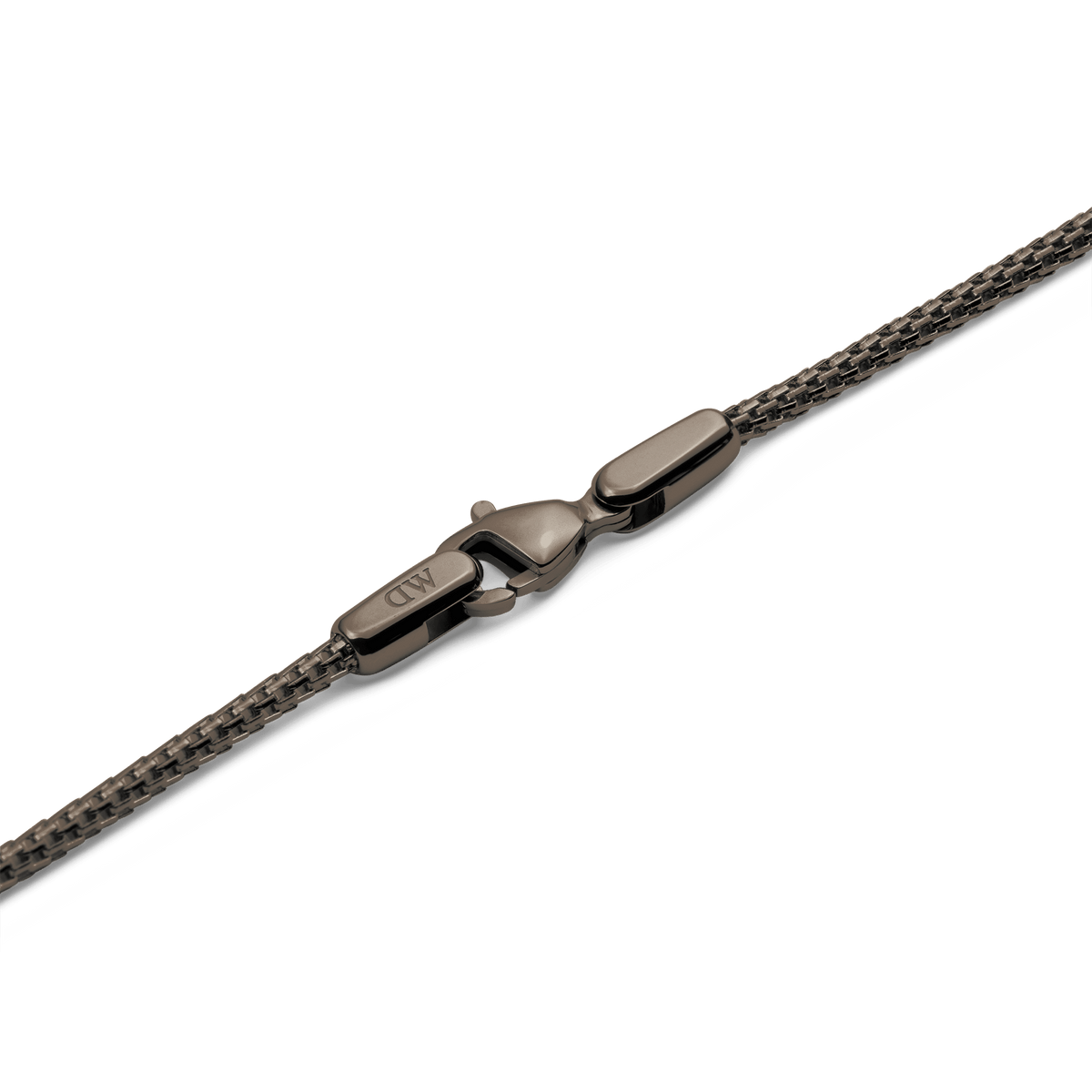 Detail of the Tide Mesh Necklace Graphite 1.8 showing the graphite-coated stainless steel mesh chain and secure lobster clasp with engraved branding.