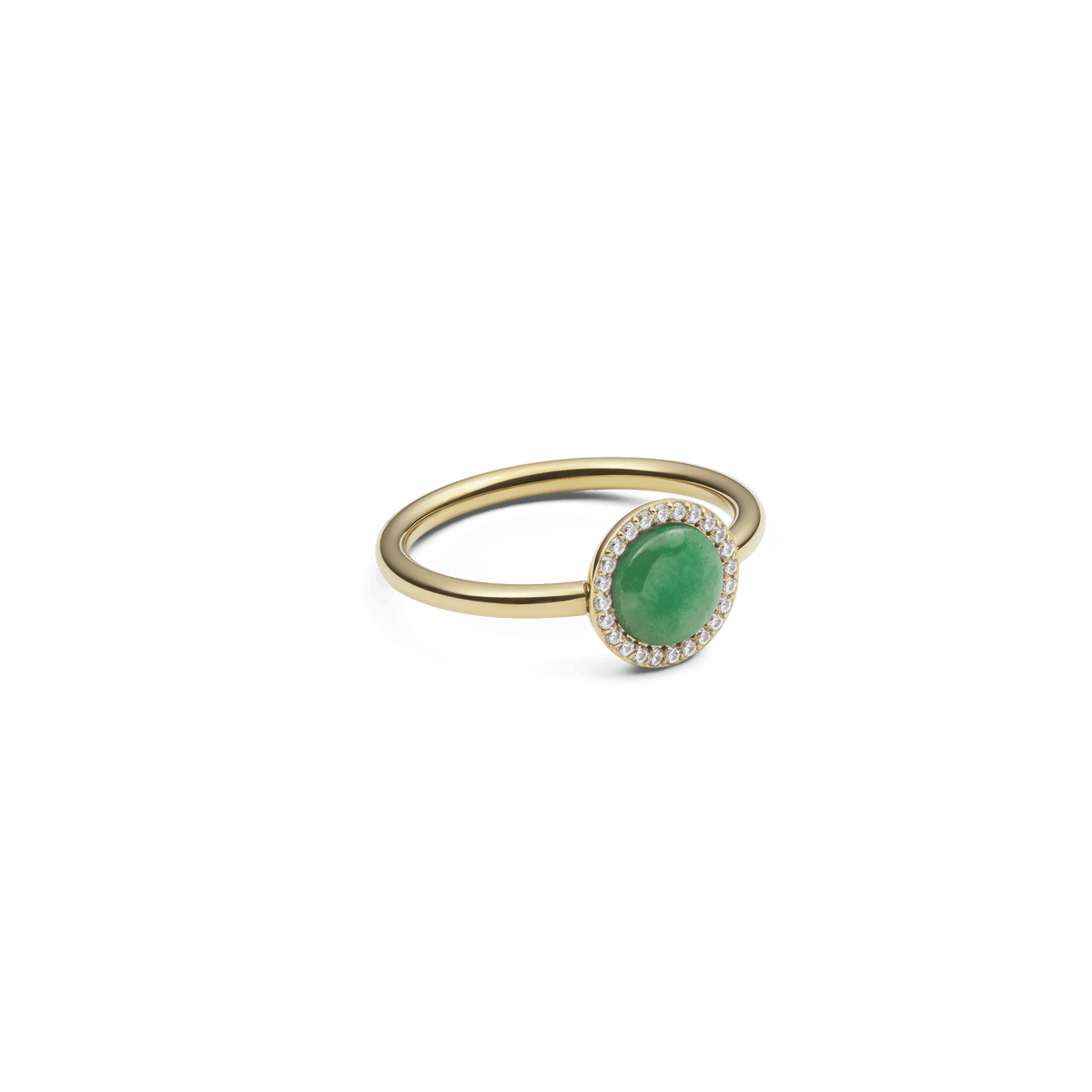 Audrey Ring Jade Gold featuring a round green jade stone and white crystal halo on a slim gold-plated band.