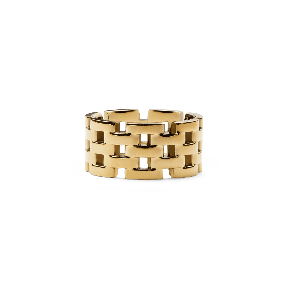 5-Link Ring Gold featuring bold interlocking links and a polished gold-plated stainless steel finish, inspired by classic watch straps.
