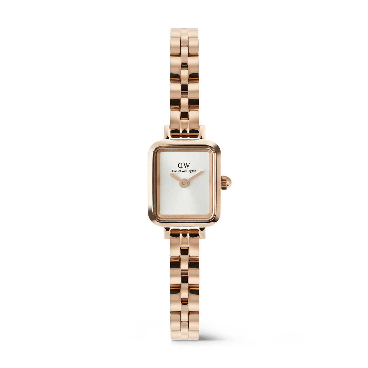 Petite rose gold women’s watch with a rectangular white sunray dial, minimalist face, and a polished 3-link stainless steel bracelet. The elegant arched case and seamless butterfly clasp highlight its refined, contemporary style.