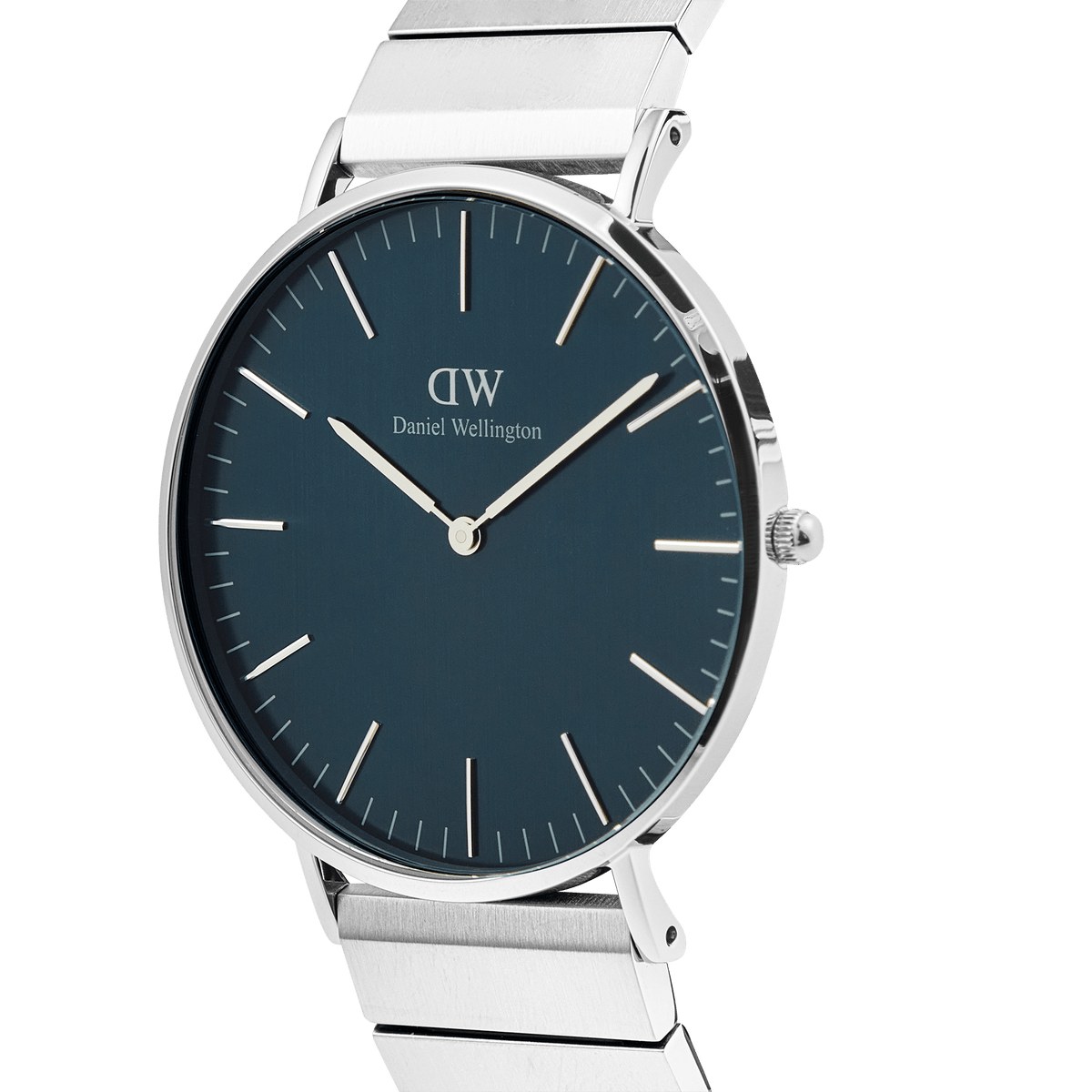 Classic Piano Link Arctic Silver watch with a brushed arctic blue dial, minimalist markers, and a polished silver piano link strap shown from a side angle.