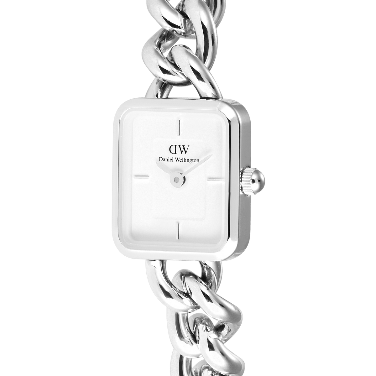 Close-up of Jolie Chain Silver women’s watch with a white square dial and chunky polished stainless steel chain-link bracelet.
