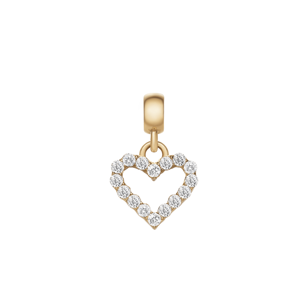 Gold heart-shaped charm with an open contour design, featuring sparkling white crystals set in a claw setting, attached to a polished gold clasp.