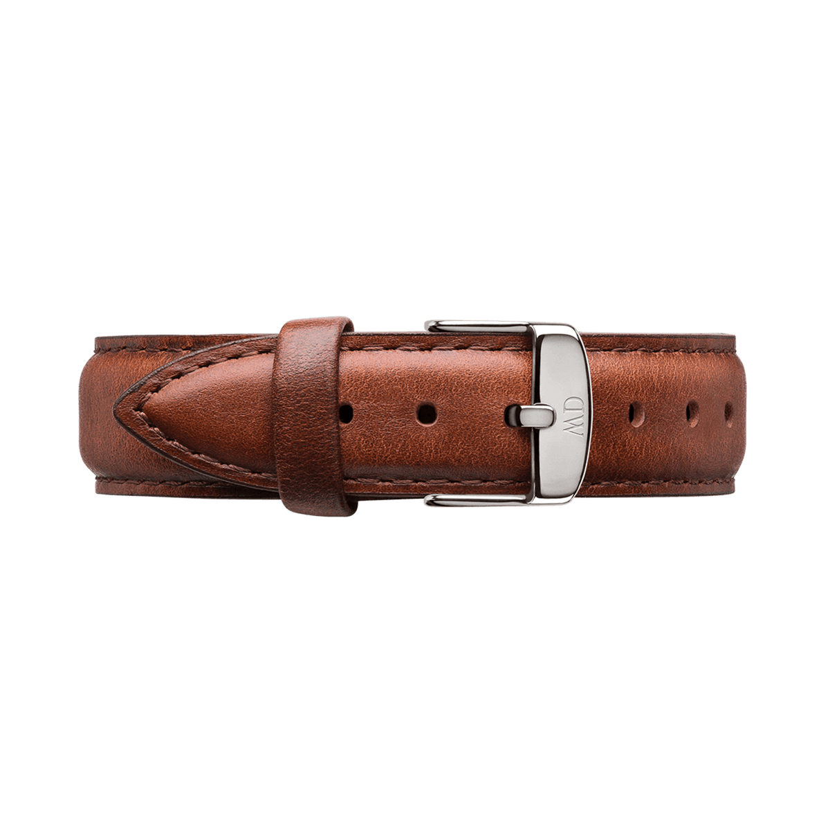 St Mawes Strap Silver featuring genuine brown leather with neat stitching and a polished silver buckle, designed to fit Daniel Wellington watches.