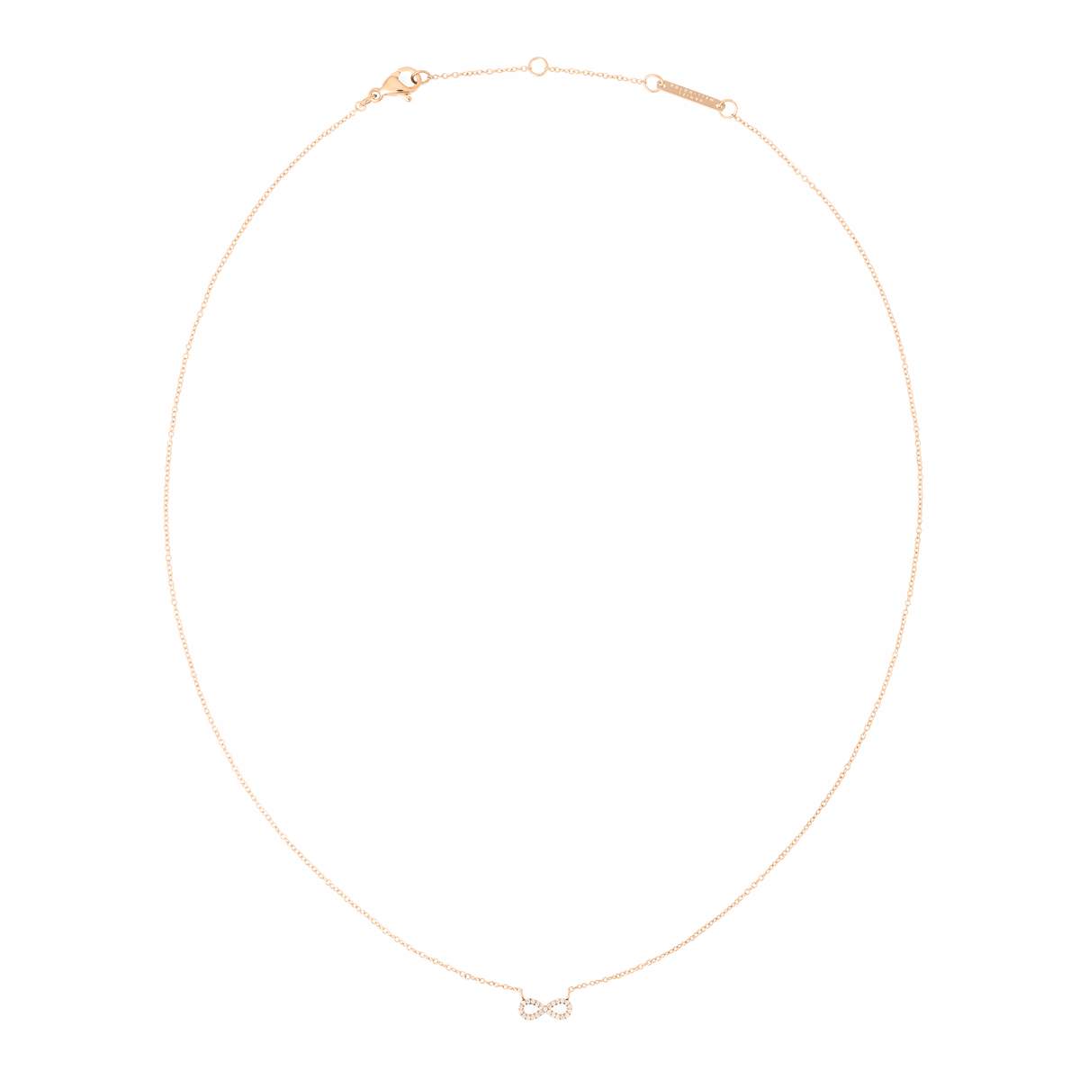 Rose gold necklace with a fine chain and a delicate infinity pendant set with sparkling white cubic zirconia, designed for a minimalist and elegant look.