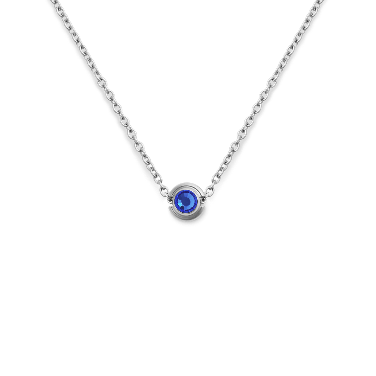A minimalist necklace featuring a sapphire-blue September birthstone charm set in polished S925 sterling silver on a fine chain.
