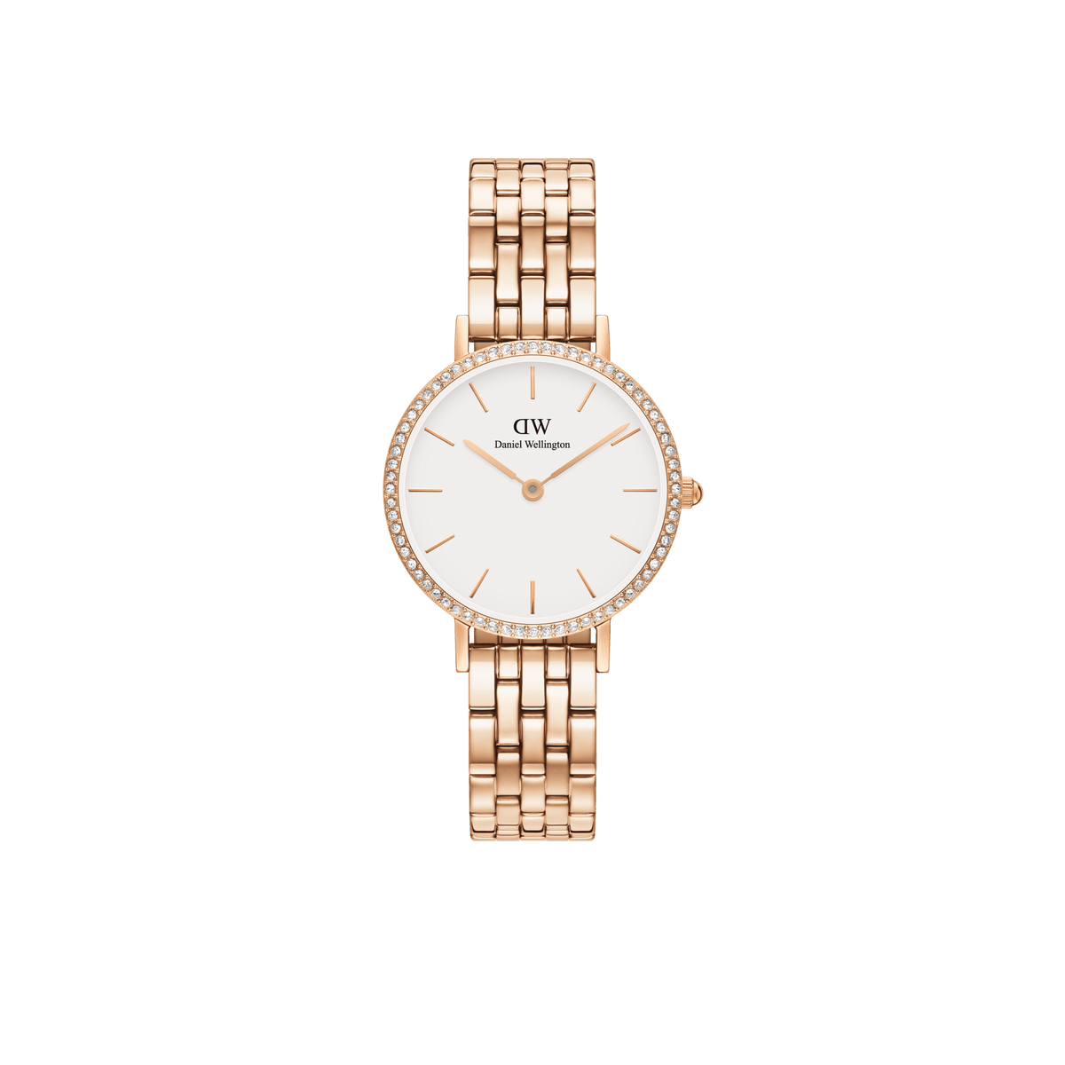 Rose gold women’s watch with a five-link bracelet, white minimalist dial, and a bezel set with sparkling crystals, designed by Daniel Wellington for a refined and elegant look.