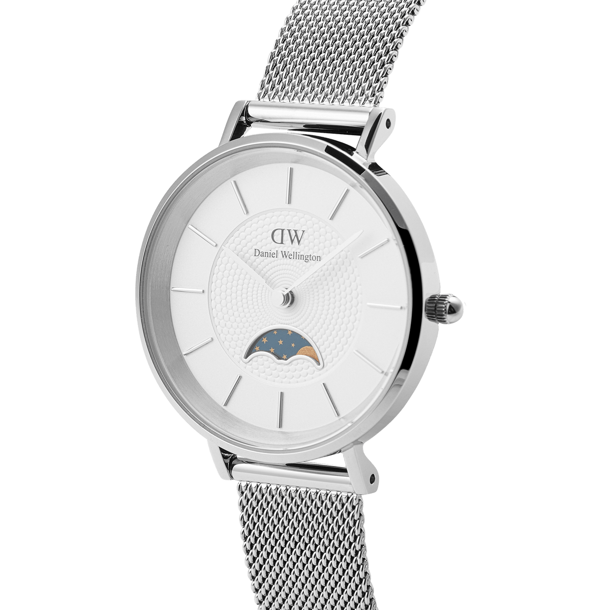 Petite Lune Sterling moon phase watch featuring a white textured dial, silver mesh strap, and elegant 32mm stainless steel case.