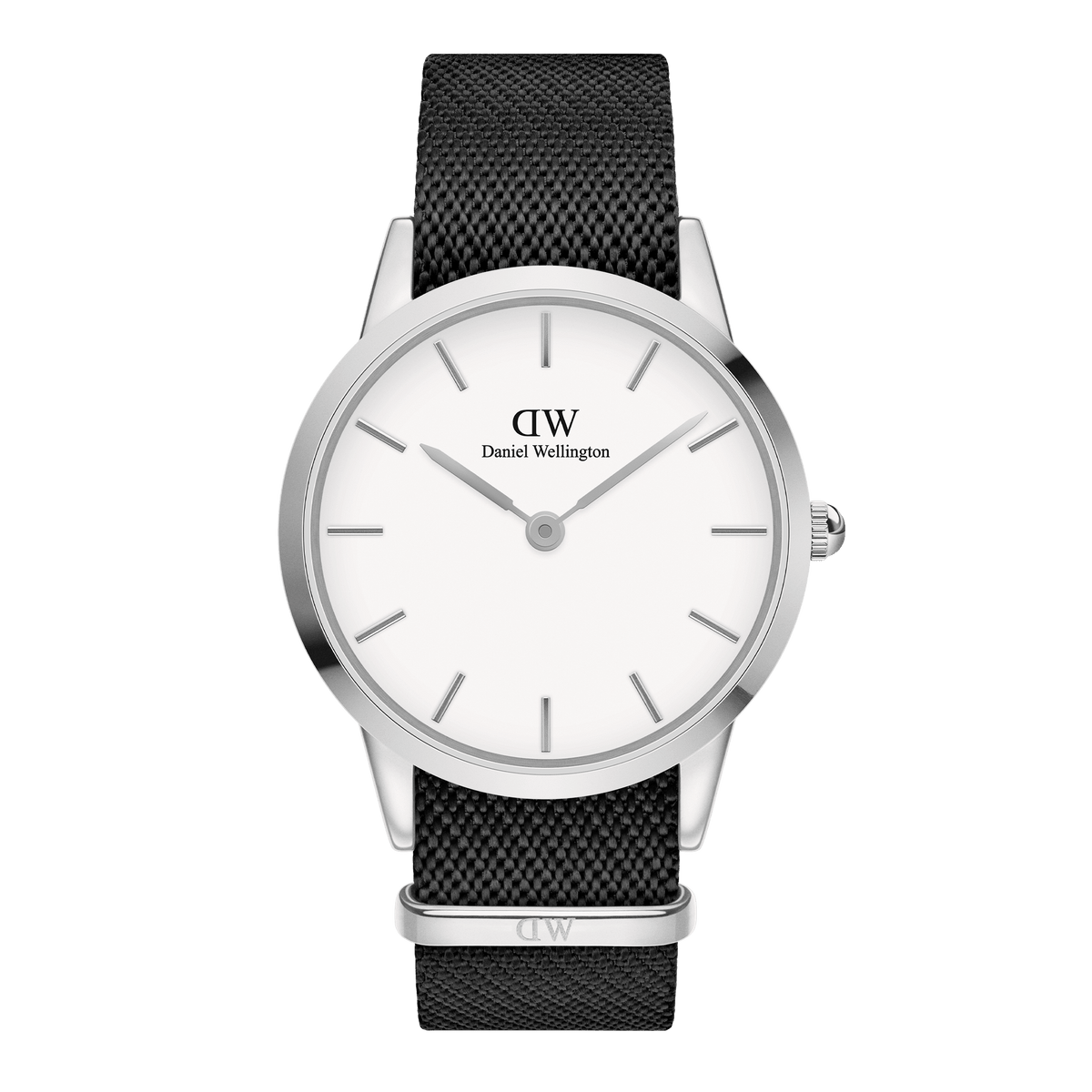 Sleek watch with a polished silver case, minimalist white dial, and a textured black NATO strap crafted from recycled nylon.