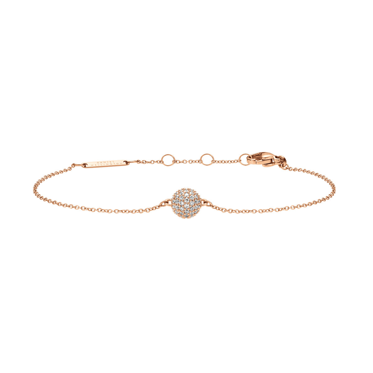 Rose gold bracelet with a slim adjustable chain, featuring a round pavé crystal pendant set with sparkling cubic zirconia and a secure lobster clasp.