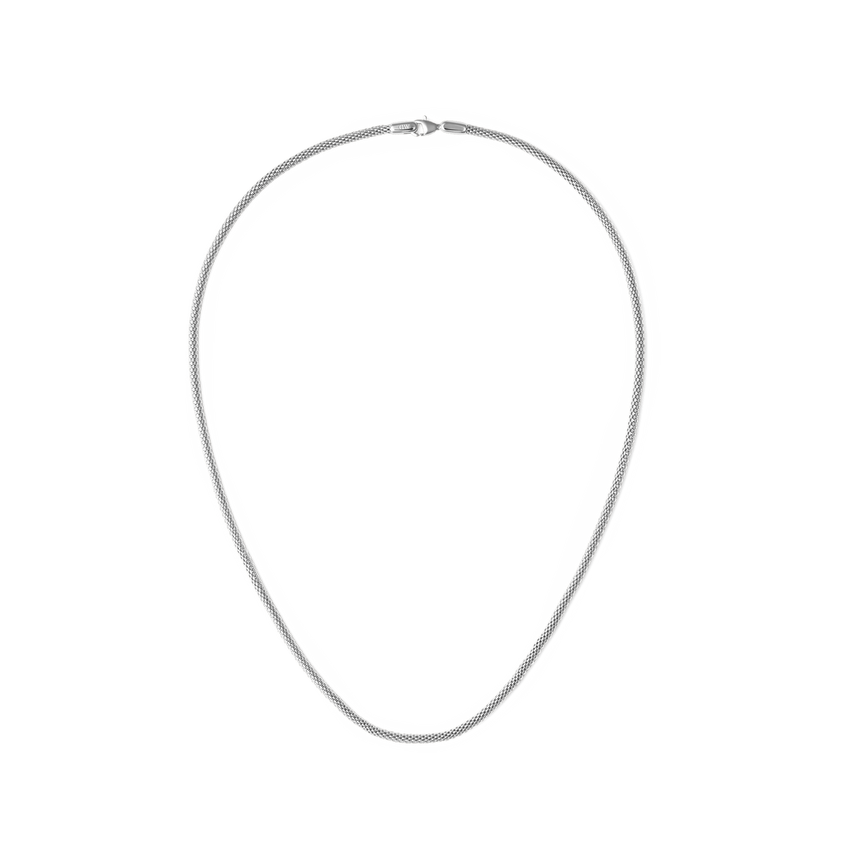 Polished silver mesh necklace with a fine, lightweight 316L stainless steel chain and a secure lobster clasp, designed in a timeless unisex style.