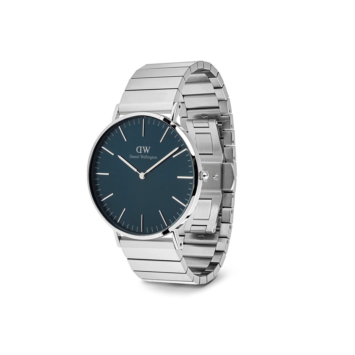 Classic Piano Link Arctic Silver watch with a brushed arctic blue dial, minimalist markers, and a geometric silver piano link strap.