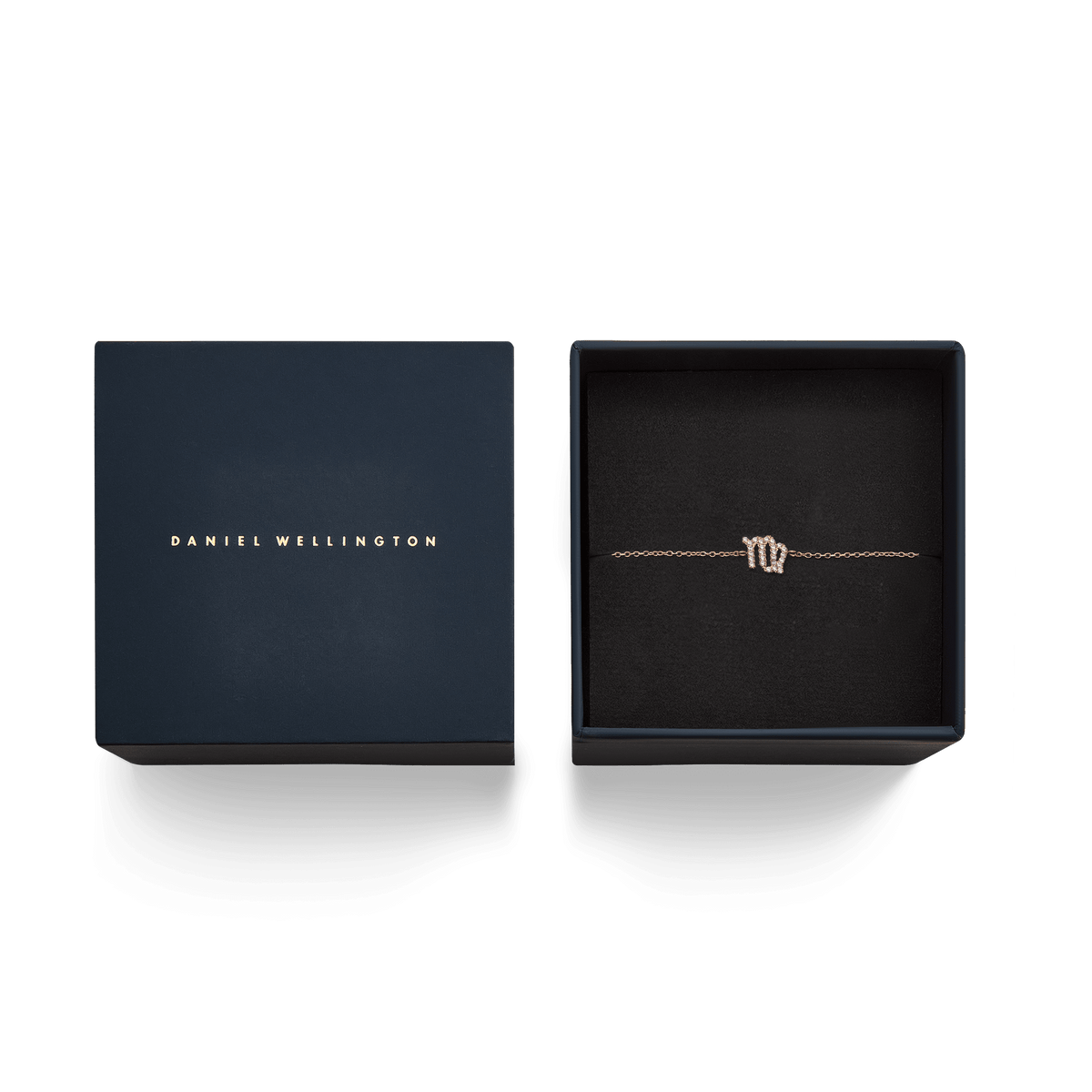 Crystal Zodiac Chain Bracelet Rose Gold with a sparkling Virgo pendant, elegantly presented in a Daniel Wellington gift box.